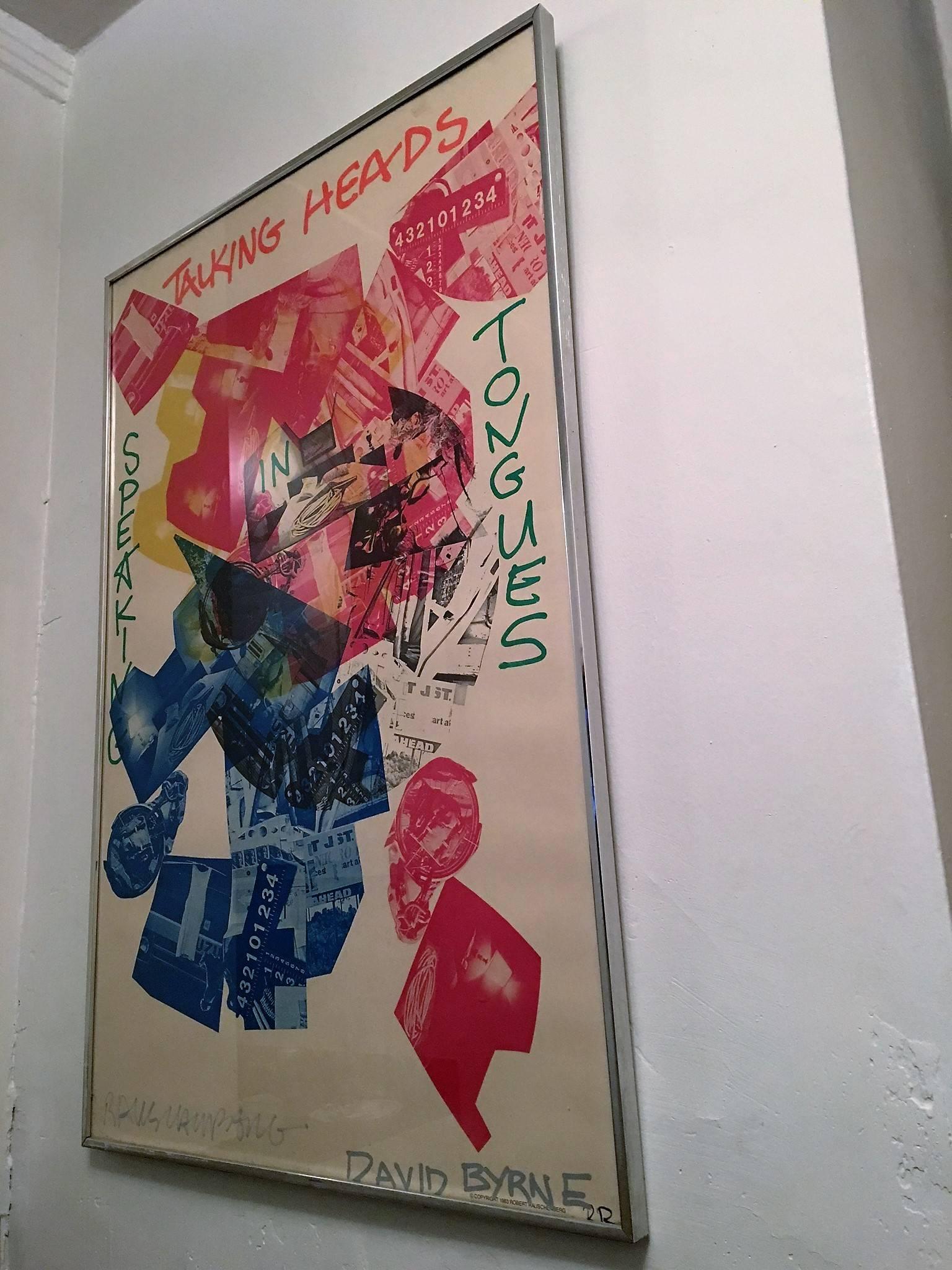 Great limited edition colorful framed poster of the talking heads 'speaking in tongues' poster. Designed and hand signed by artist Robert Rauschenberg in the 1980s. Both David Byrne and Robert Rauschenberg signed this in person in the 1980s, these
