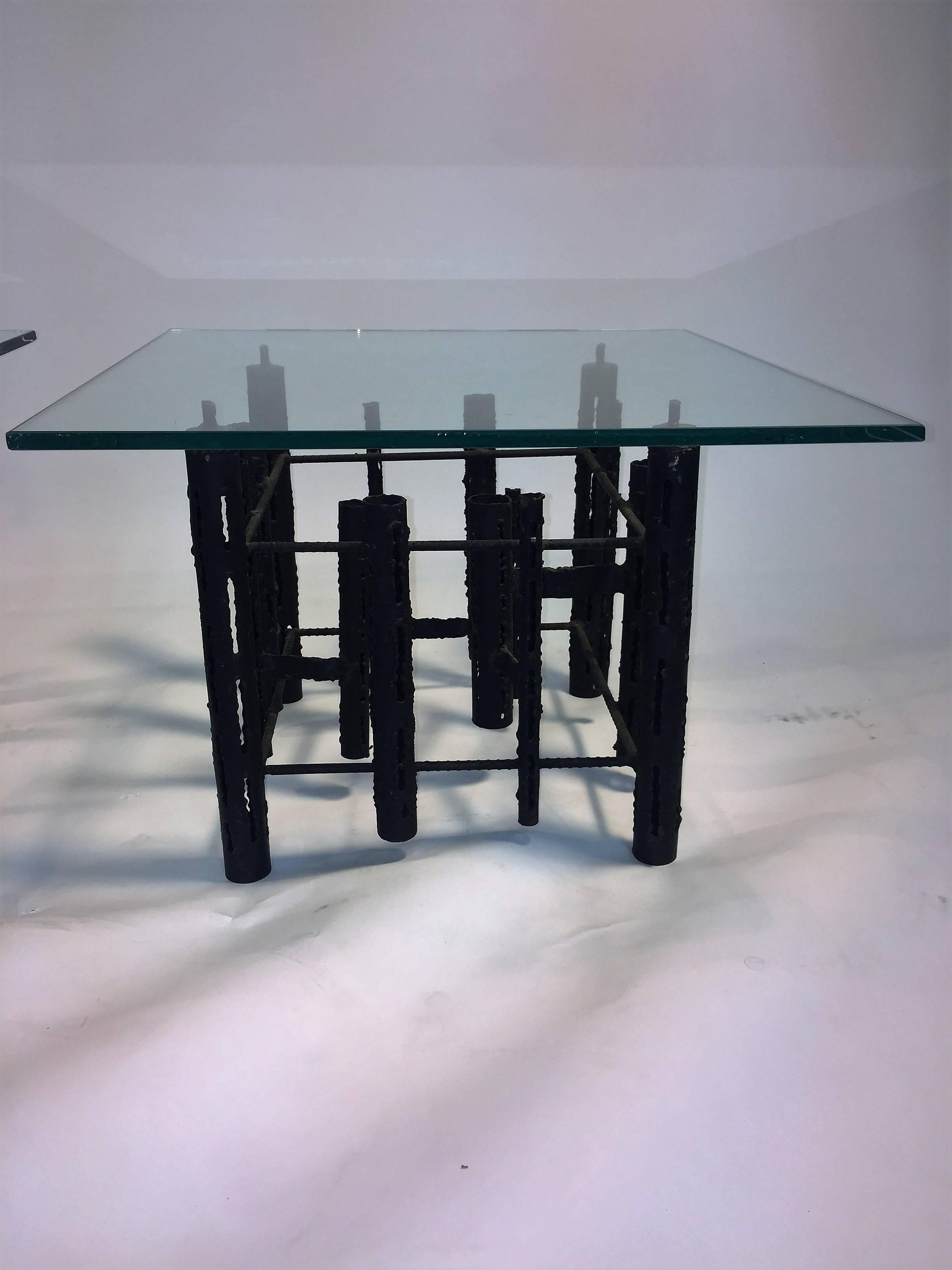 Great hand torch cut and welded mixed metal tables that are slightly different in the size of the Brutalist tube base. In the manner of Paul Evans modern metal master these would be well placed in a high end modern living room. The thickness of the