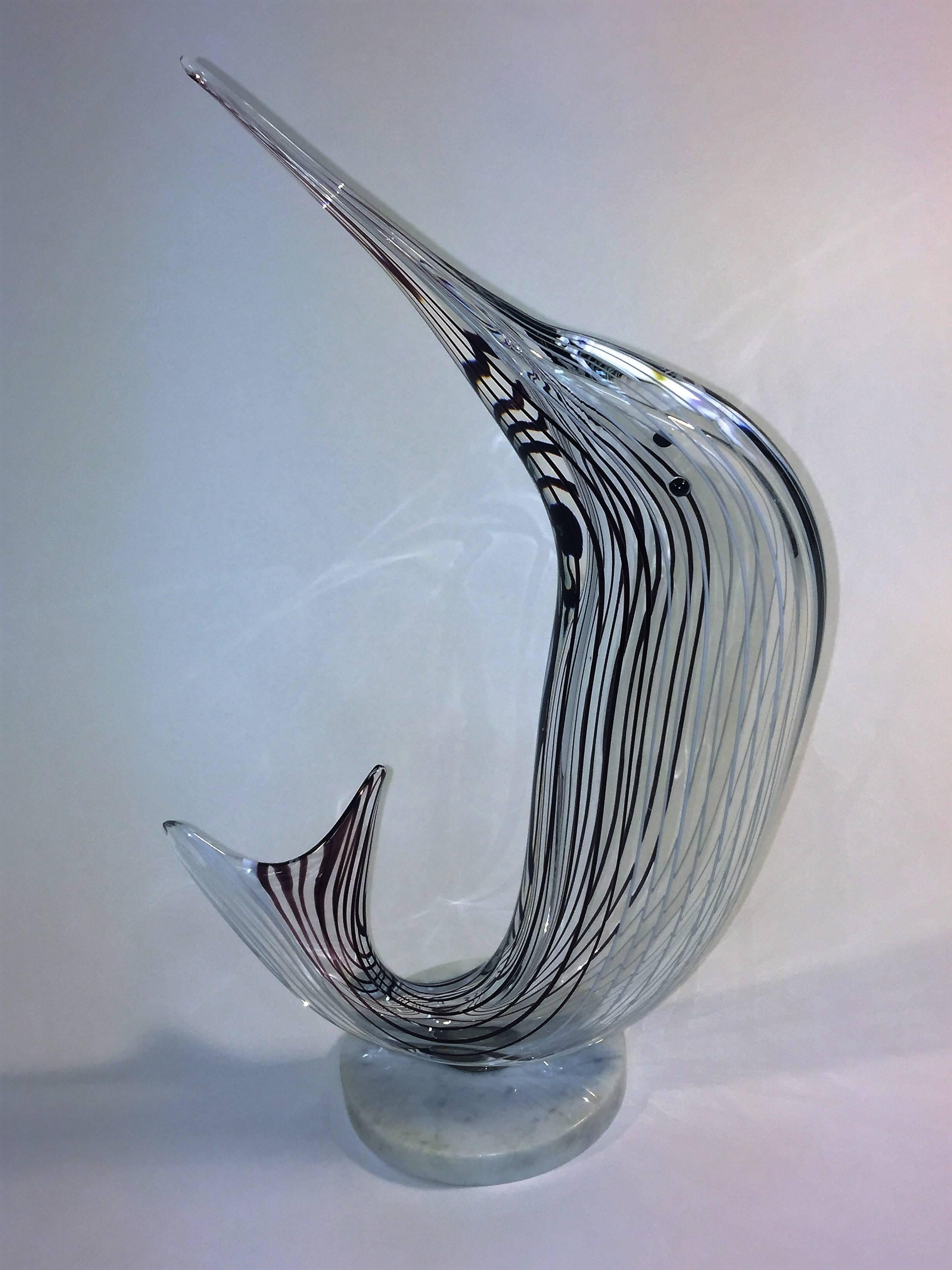 Late 20th Century Seguso Black, White and Clear Striped Sailfish Murano Sculpture For Sale