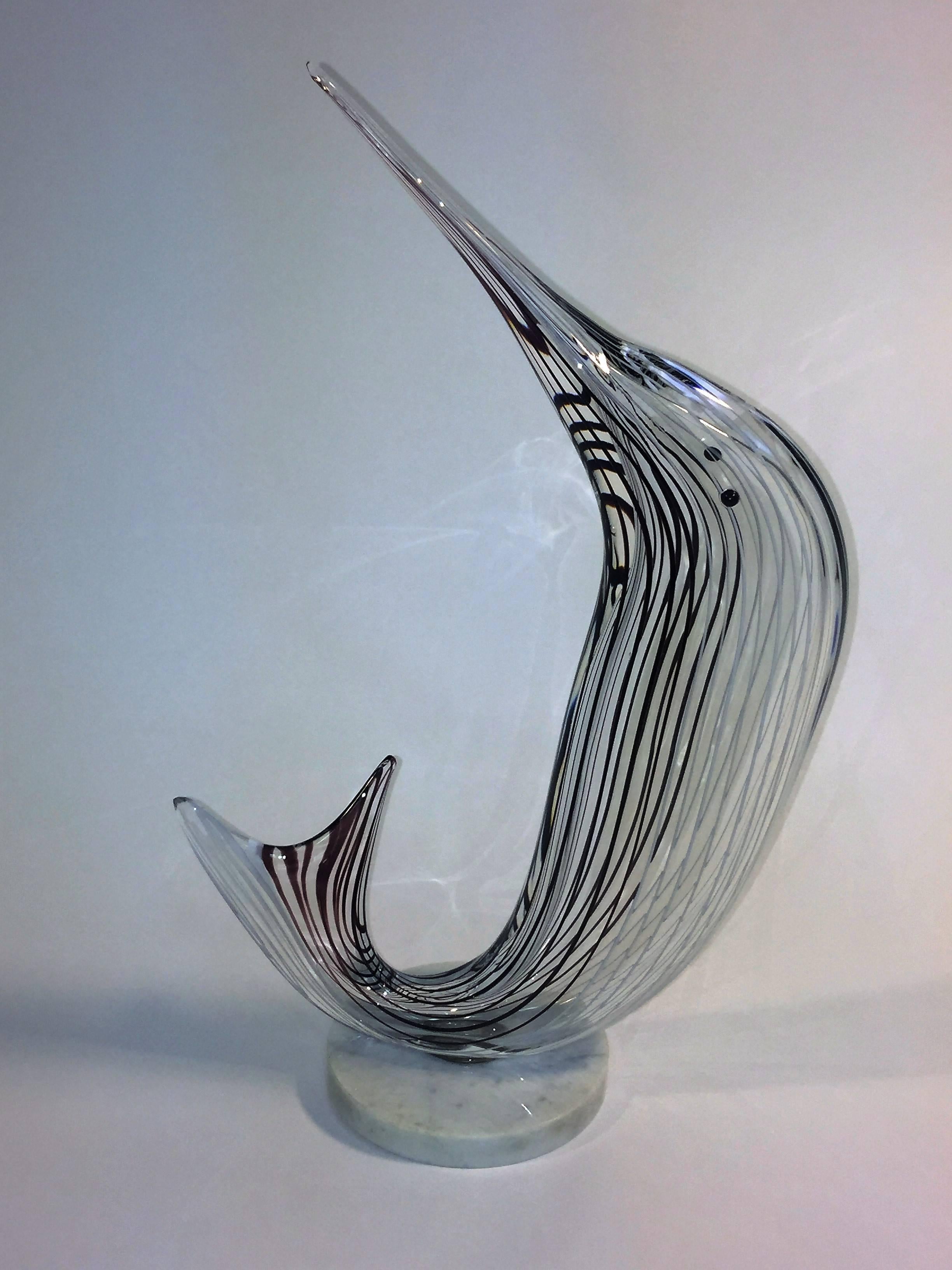 Seguso Black, White and Clear Striped Sailfish Murano Sculpture For Sale 3