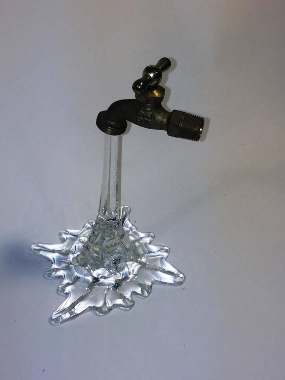 Illusory Italian Brass Faucet Flowing Water Glass Sculpture For Sale at