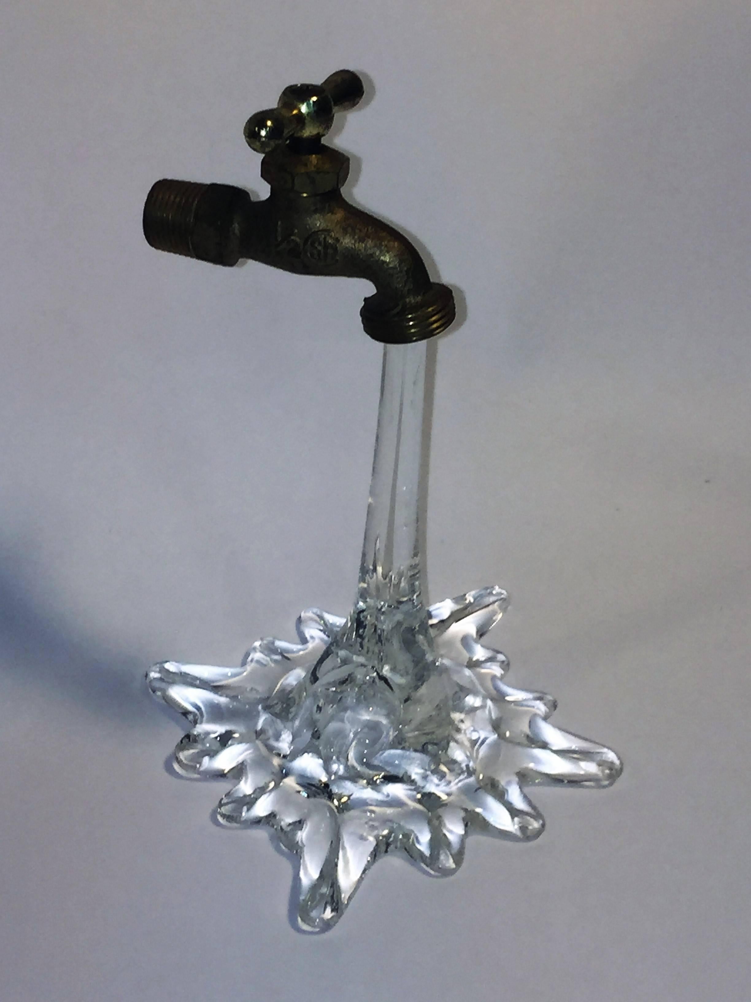Modern Illusory Italian Brass Faucet Flowing Water Glass Sculpture For Sale
