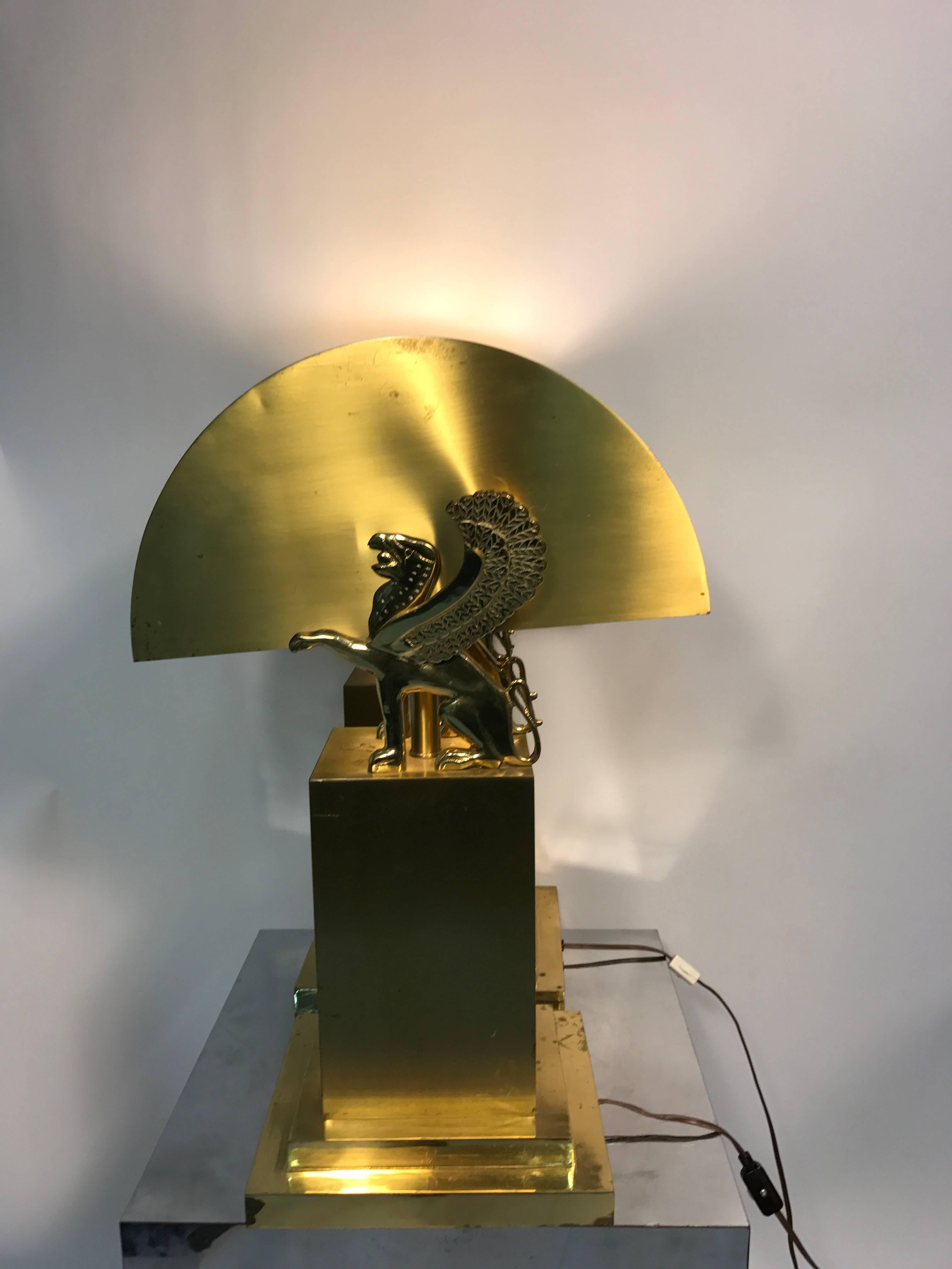 American Wonderful Pair of Brass Table Lamps with Winged Lions in the Style of Versace For Sale