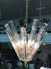 Striking Pair of Venini Sputnik Chandeliers with Pointed Brass Bases