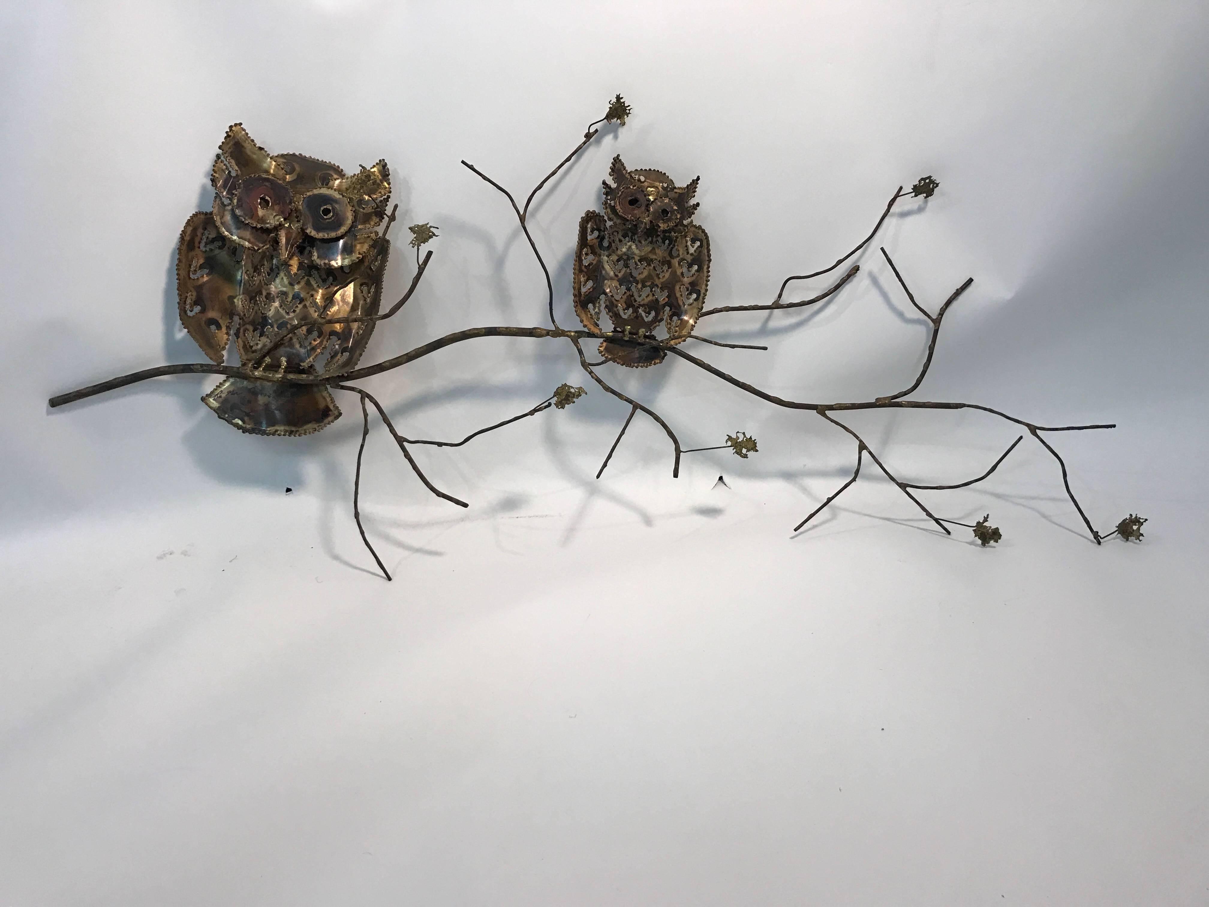 A wonderful mixed-metal owl wall-mounted sculpture by C. Jere, circa 1980.