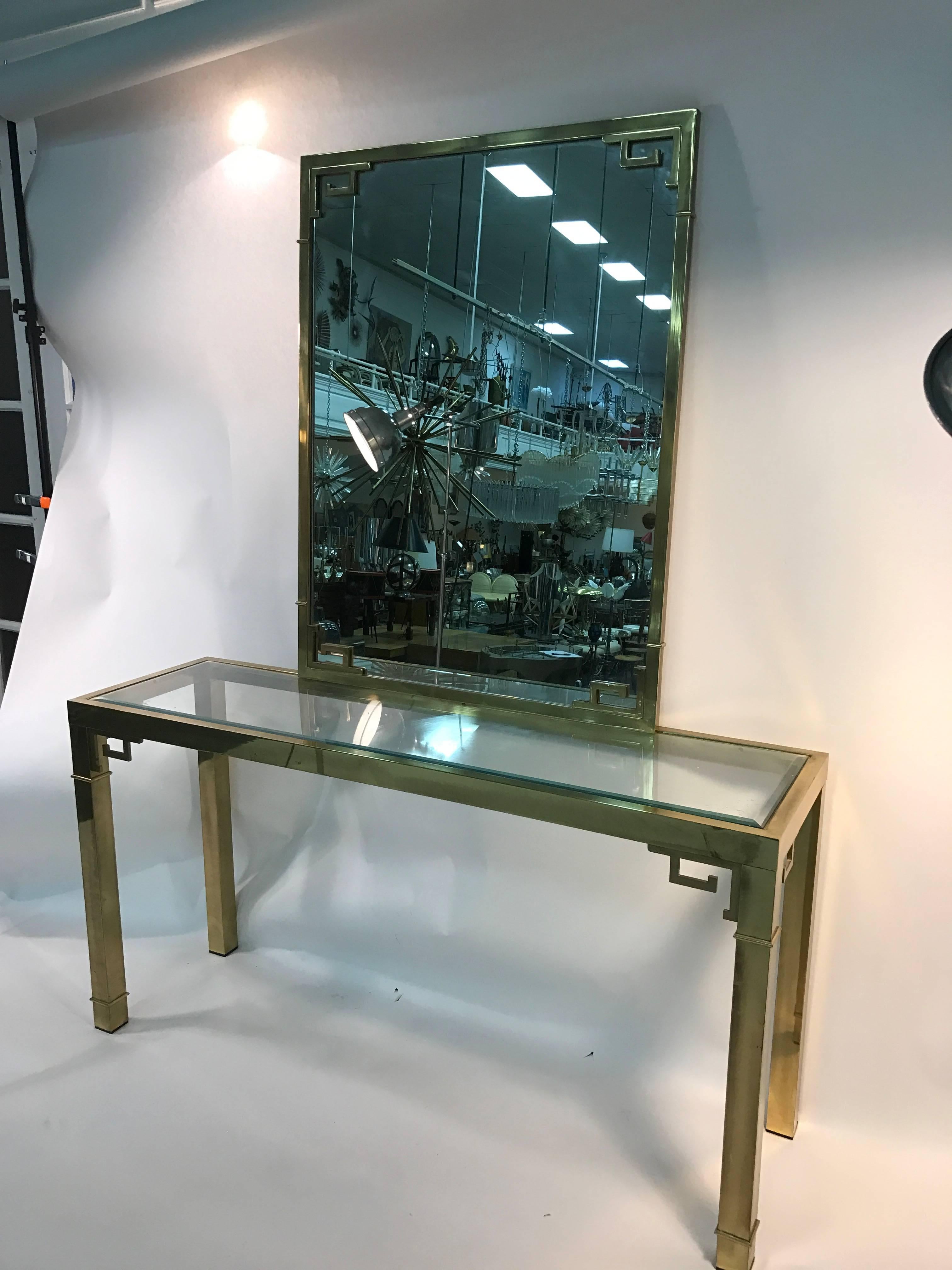 Modern Stunning Solid Brass Italian Mirror and Console Table with Greek Key Design For Sale