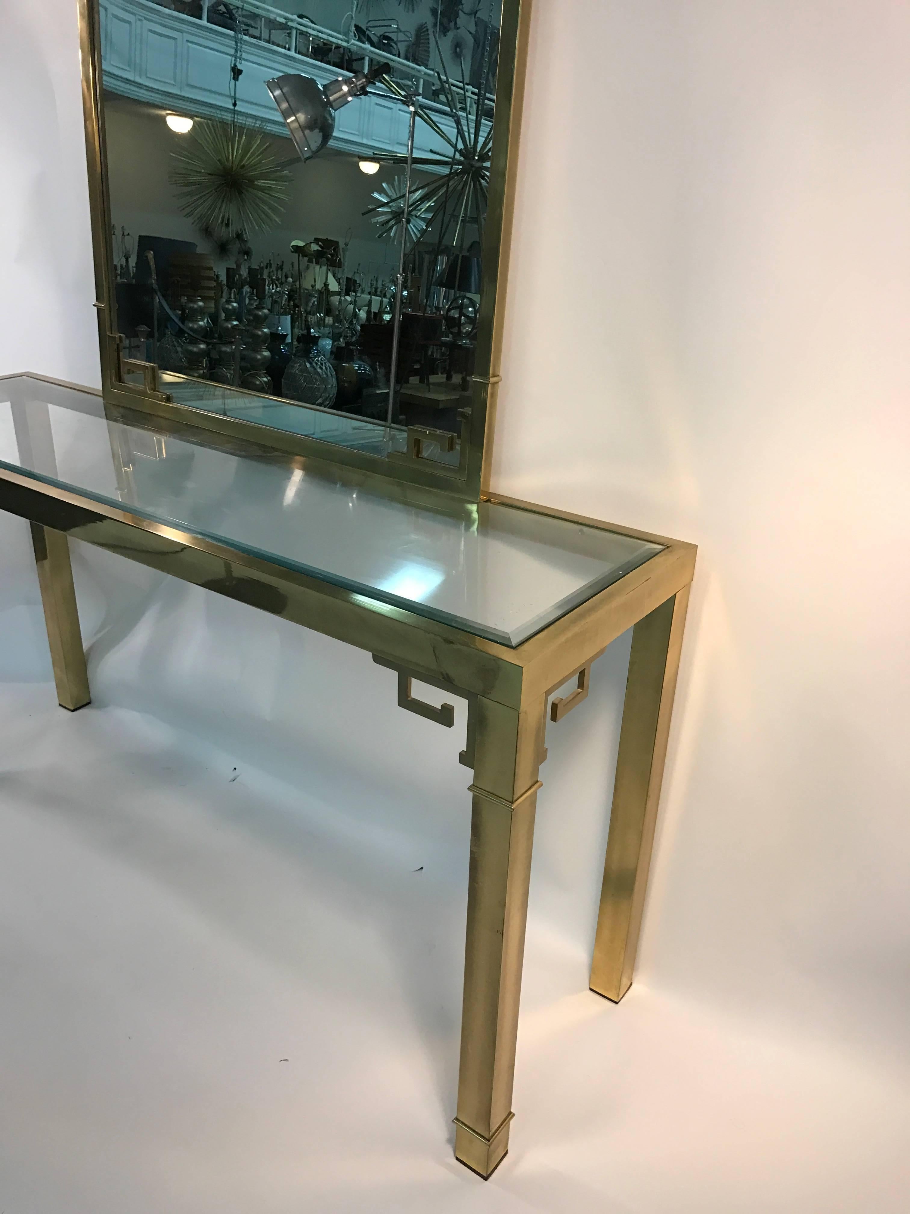 Stunning Solid Brass Italian Mirror and Console Table with Greek Key Design In Good Condition For Sale In Mount Penn, PA