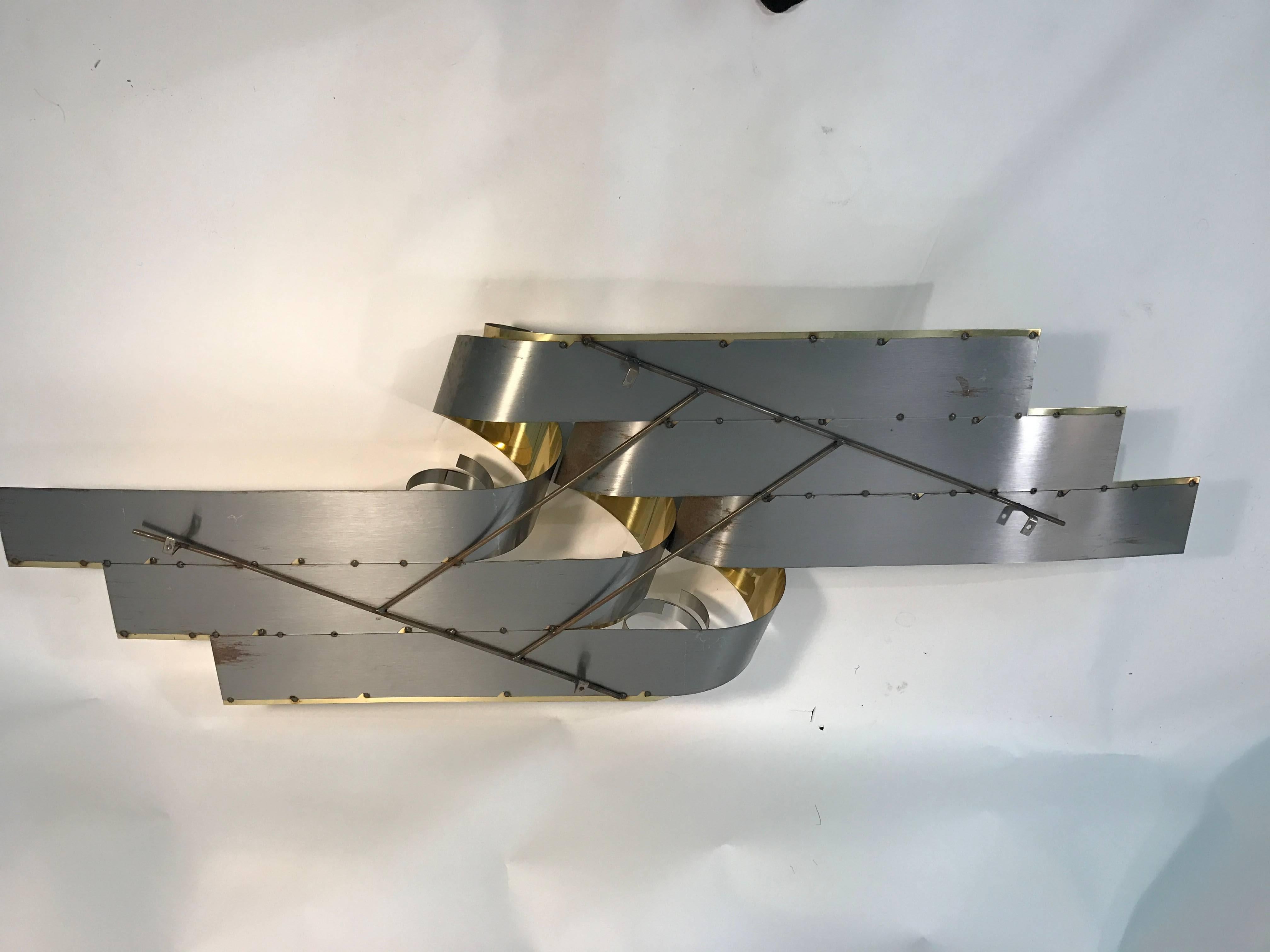 20th Century Magnificent Modernist Curtis Jere Ribbon Motif Wall Sculpture in Chrome & Brass For Sale