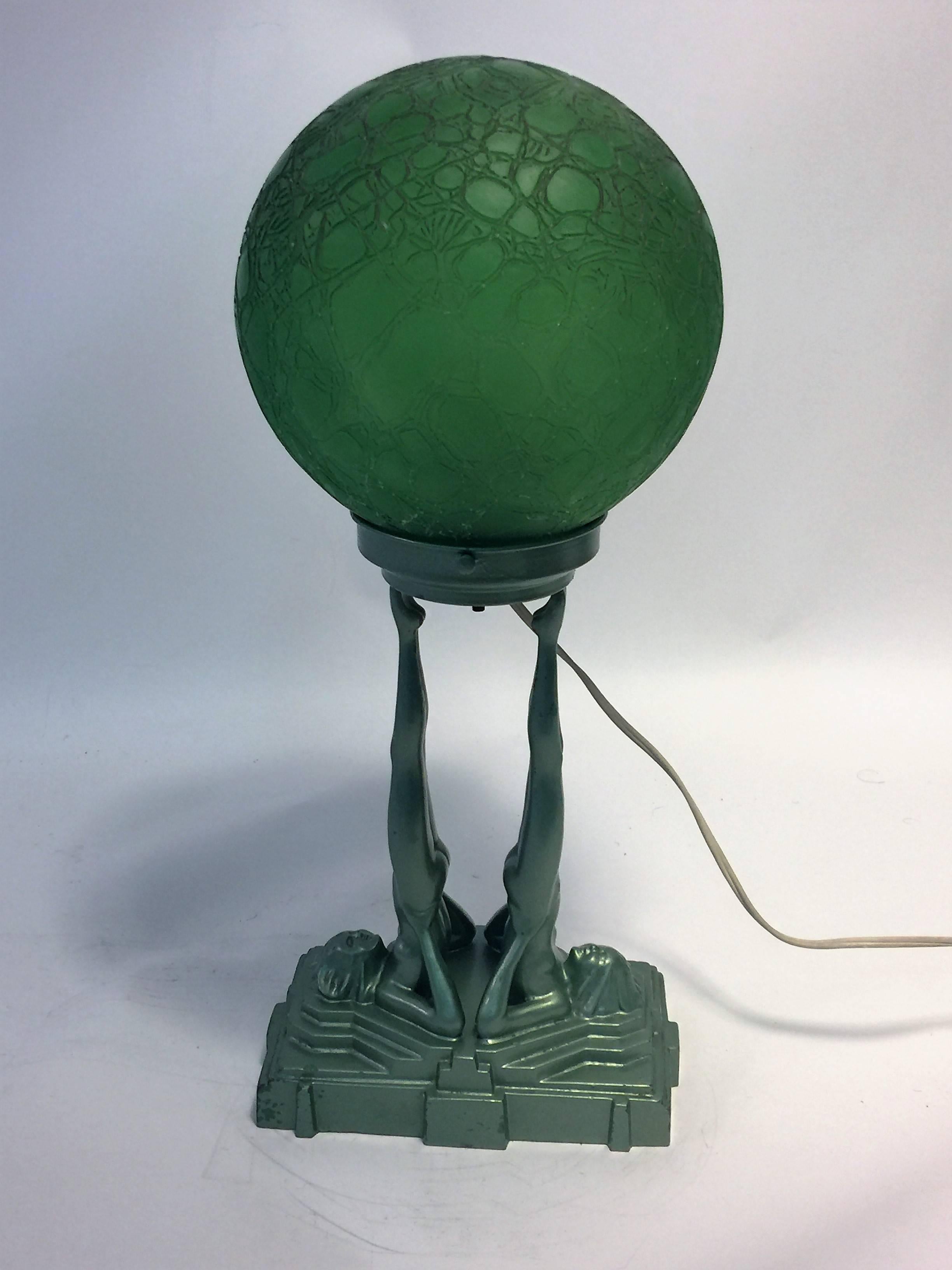 Rare Art Deco Frankart Modernistic Nude Lamp with Original Crackle Glass Shade For Sale 4