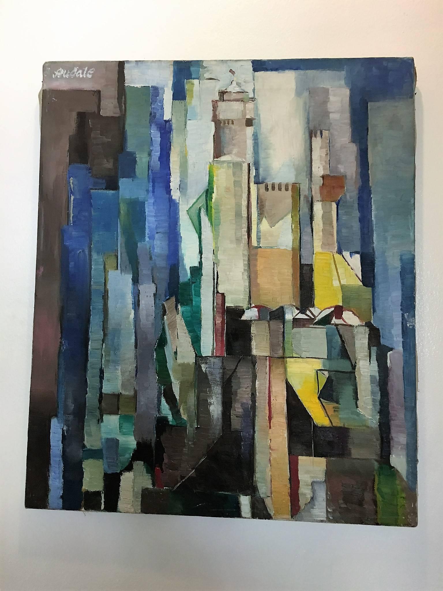Cool abstract execution of an oil painting on canvas depicting cubistic modernist architecture in the 1940s.Signed in the upper left corner 'Rudale'.