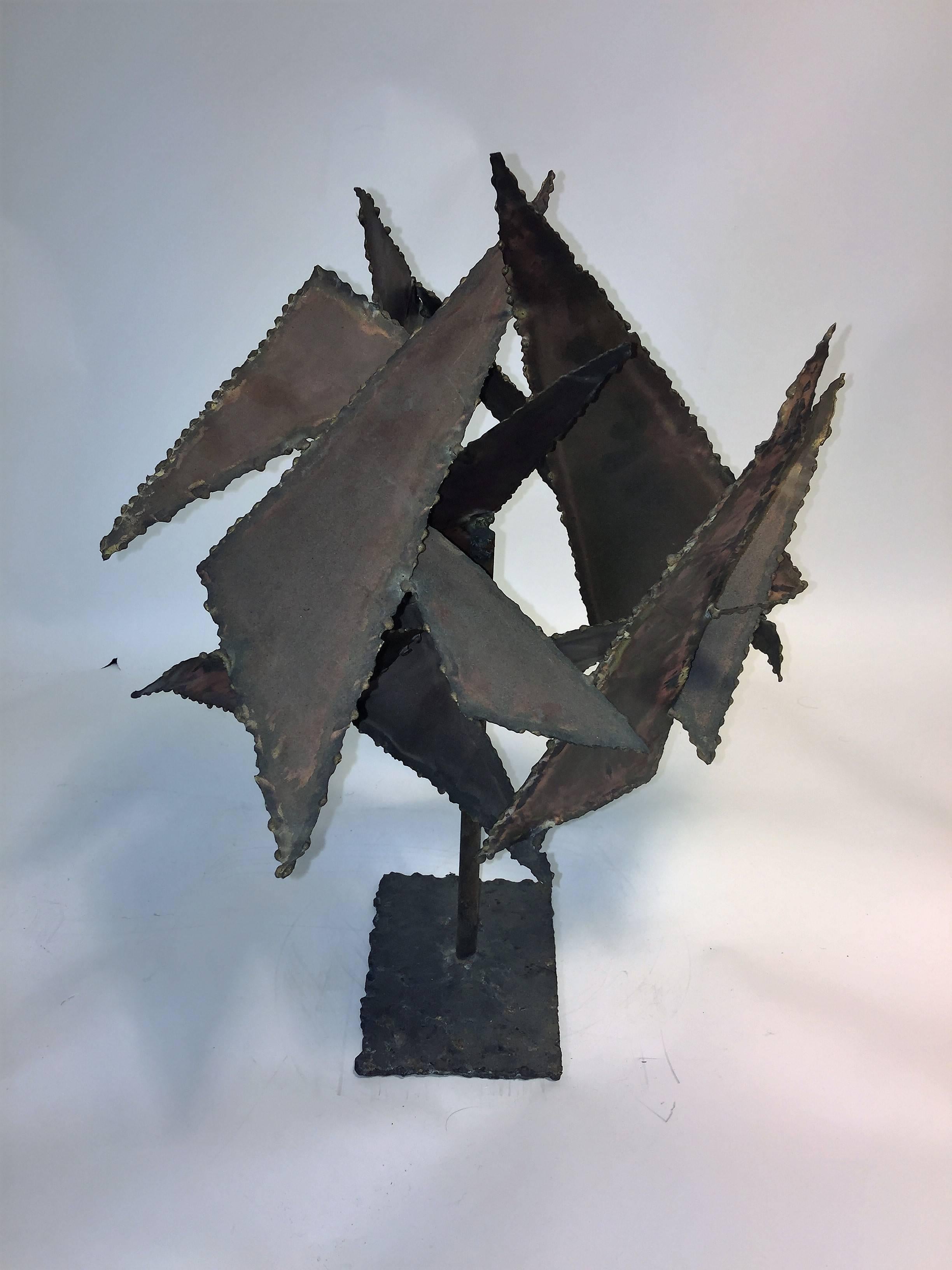Great tabletop, console, pedestal size hand torch cut and welded mixed metals Brutalist sculpture created in 1964. The base measures at 7