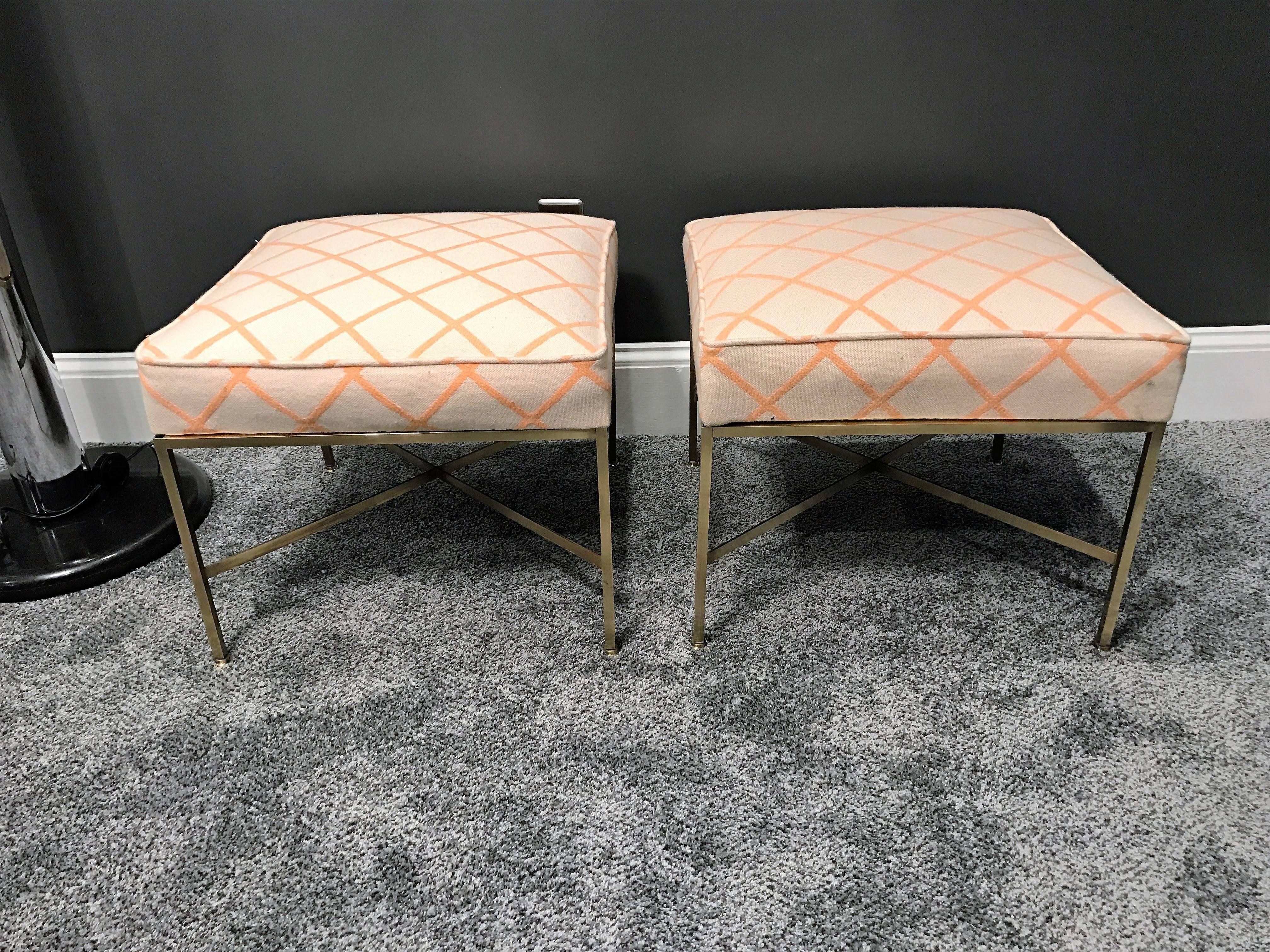 Mid-20th Century Pair of Paul McCobb Modernist X-Base Brass Stools For Sale