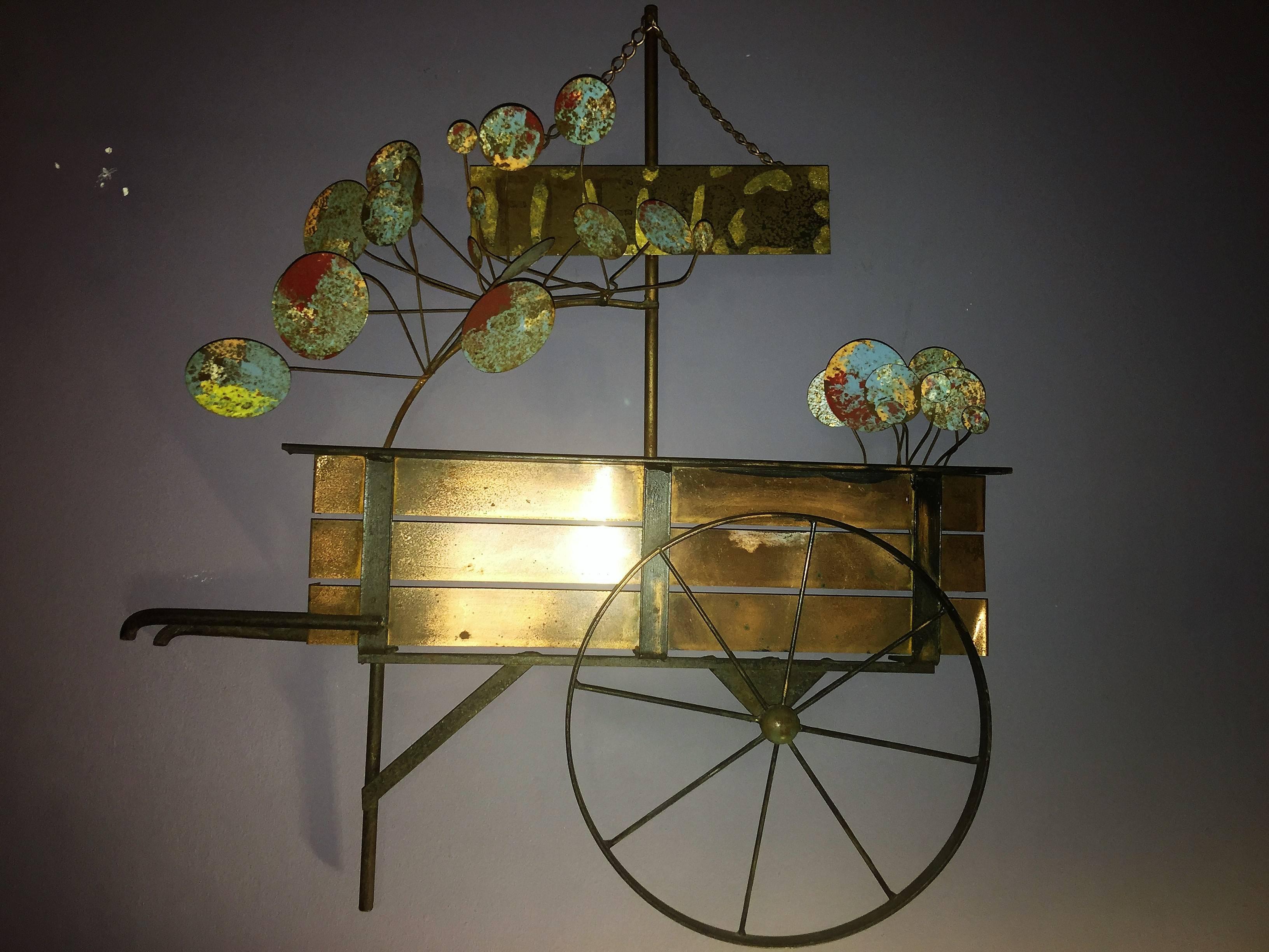 Colorful patinated metal flower cart created by Curtis Jere crafted of mixed metals signed C. Jere, 1984.
