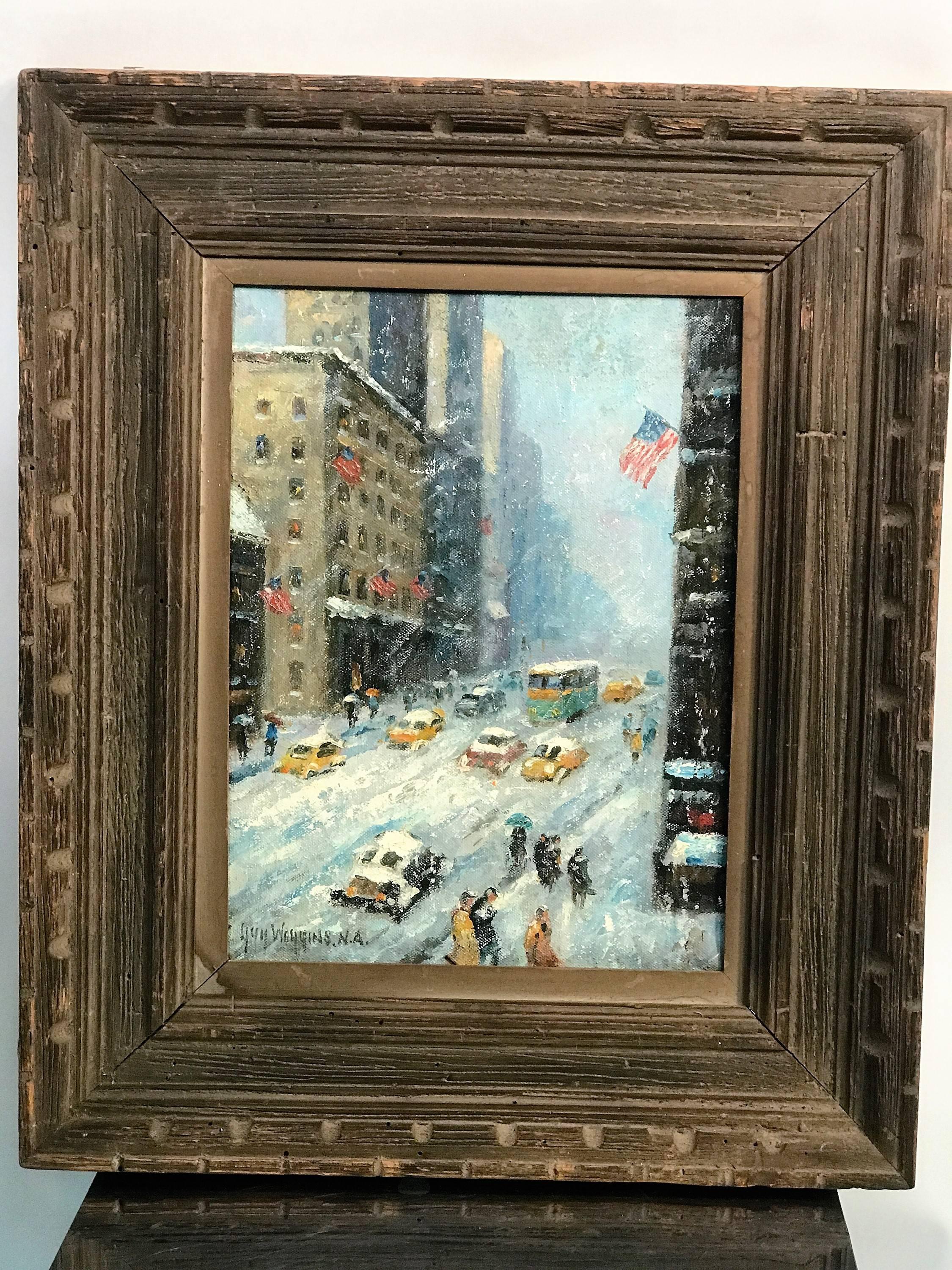 Great oil on canvas 20th century copy of famous guy Wiggins painting of Iconic NYC Street Snow Storm. Framed in a beautiful 1940s frame made by the 'House of Heydenvk'. Wonderful painting in tribute to masterful American painter Guy Wiggins.