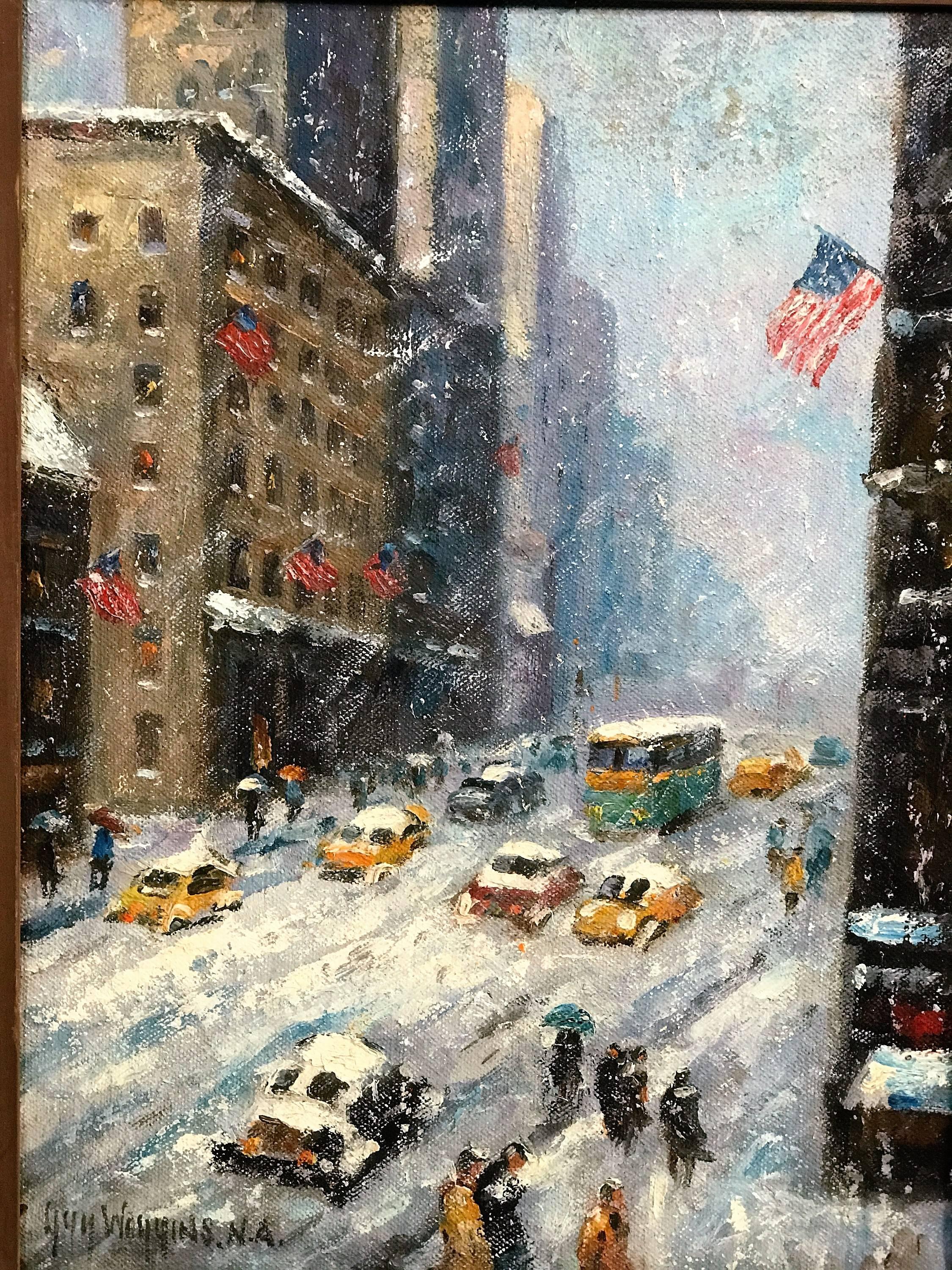 Exceptional Snowy New York City Scene Oil Painting after Guy Wiggins For Sale 1