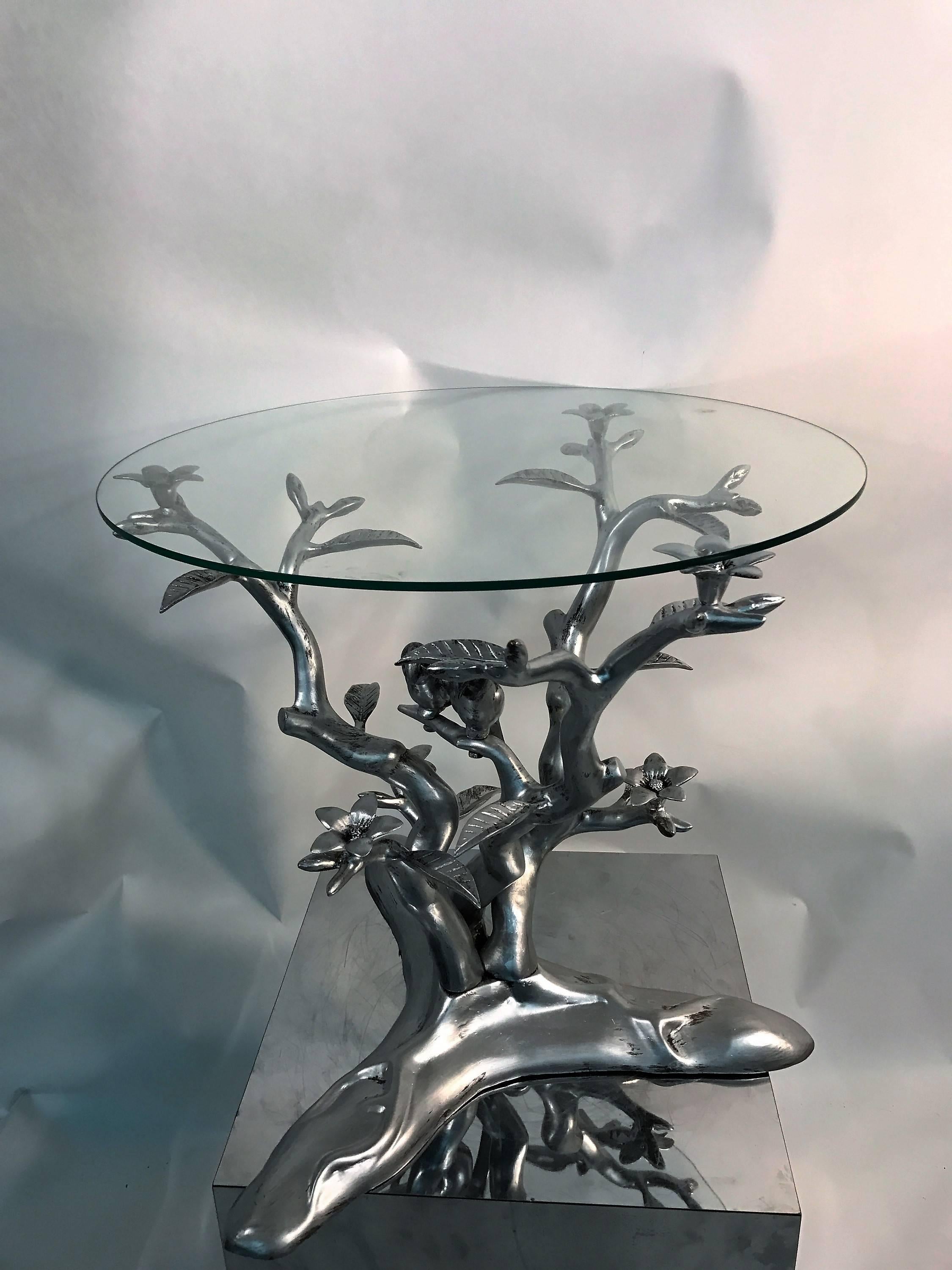 Silvered enameled bronze abstract flowering tree table with pair of parrots upon the branches. Great Modernist style of Giacometti Brothers Foliage and Animalier tables.