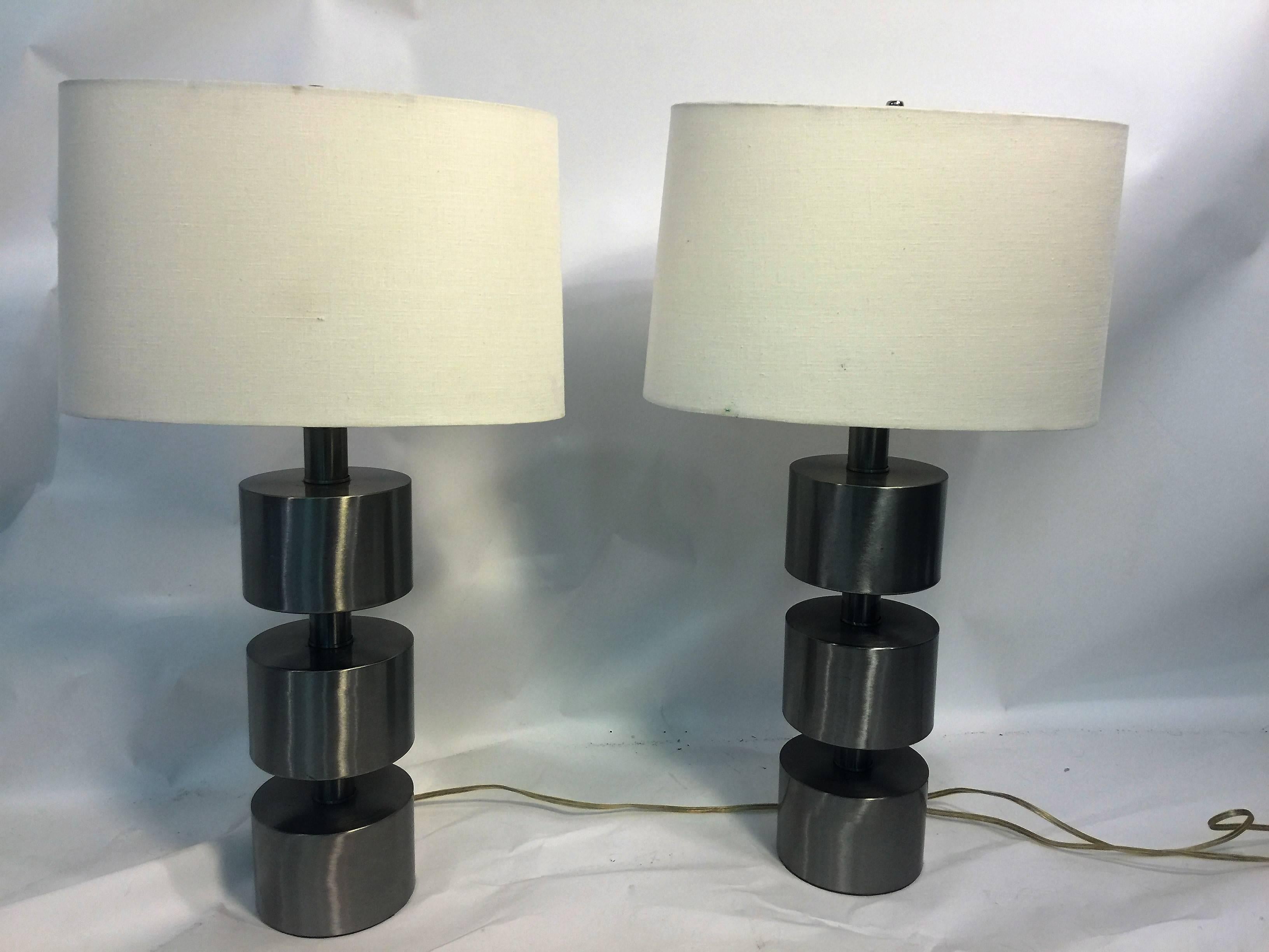 Fantastic Modern Pair of Pierre Cardin Style Brushed Nickel Lamps For Sale 1