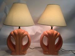 Fabulous Pair of Vibrant Coral Karl Springer Influenced Ceramic Lamps