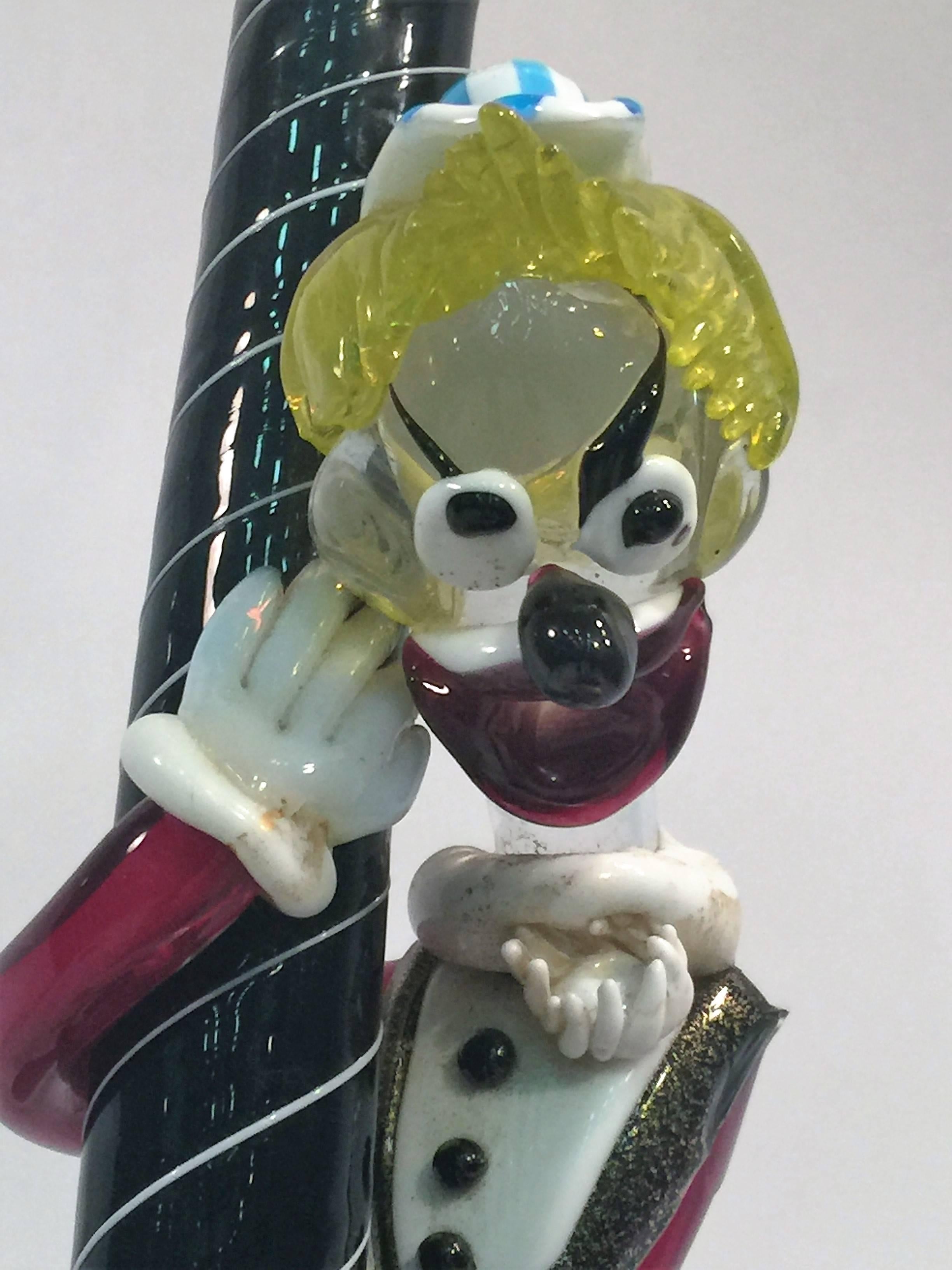 Mid-Century Modern Great and Rare Cenedese Murano Glass Drunk Clown and Angel Dog on Lamp Post Lamp For Sale