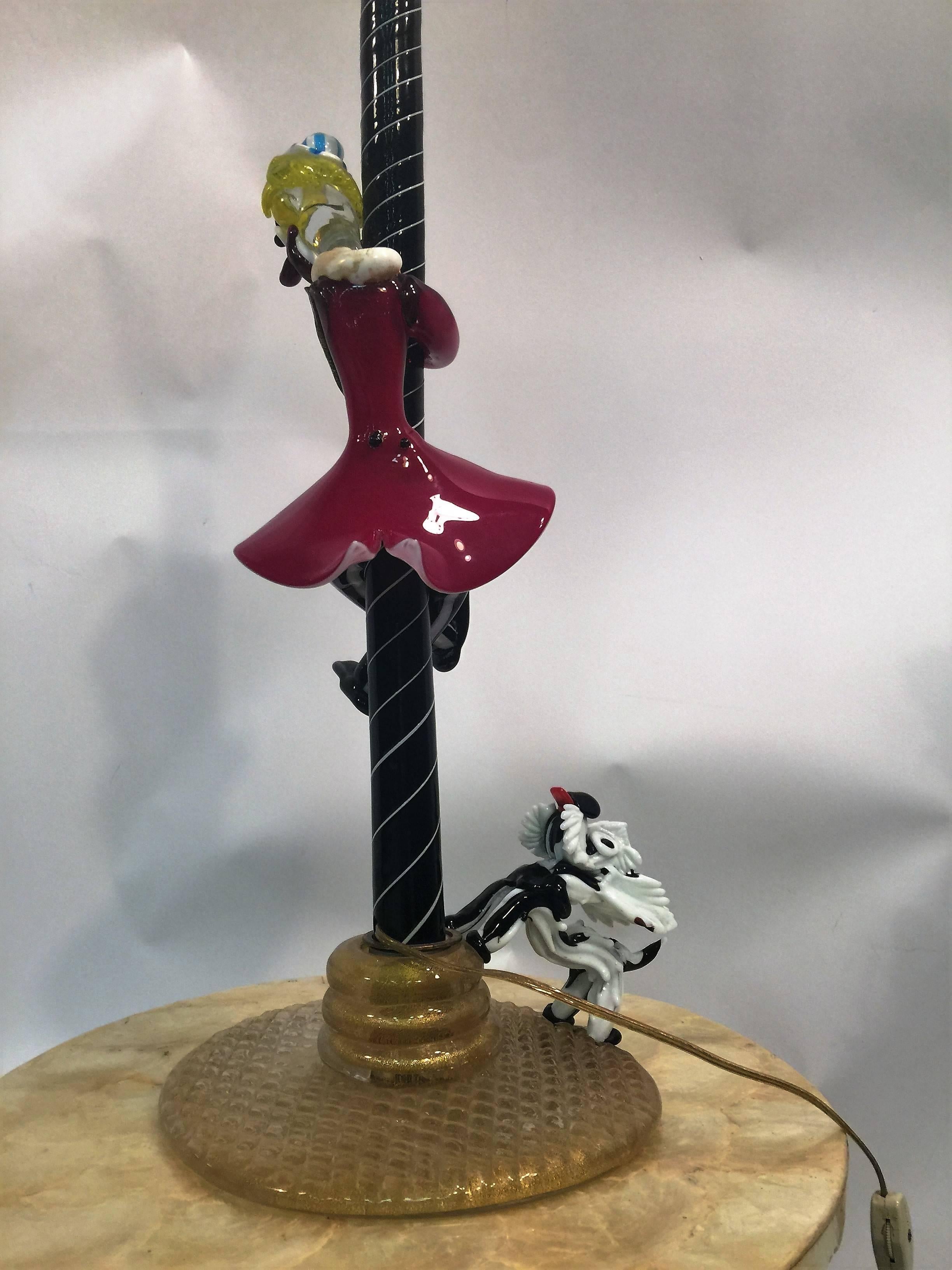 Italian Great and Rare Cenedese Murano Glass Drunk Clown and Angel Dog on Lamp Post Lamp For Sale
