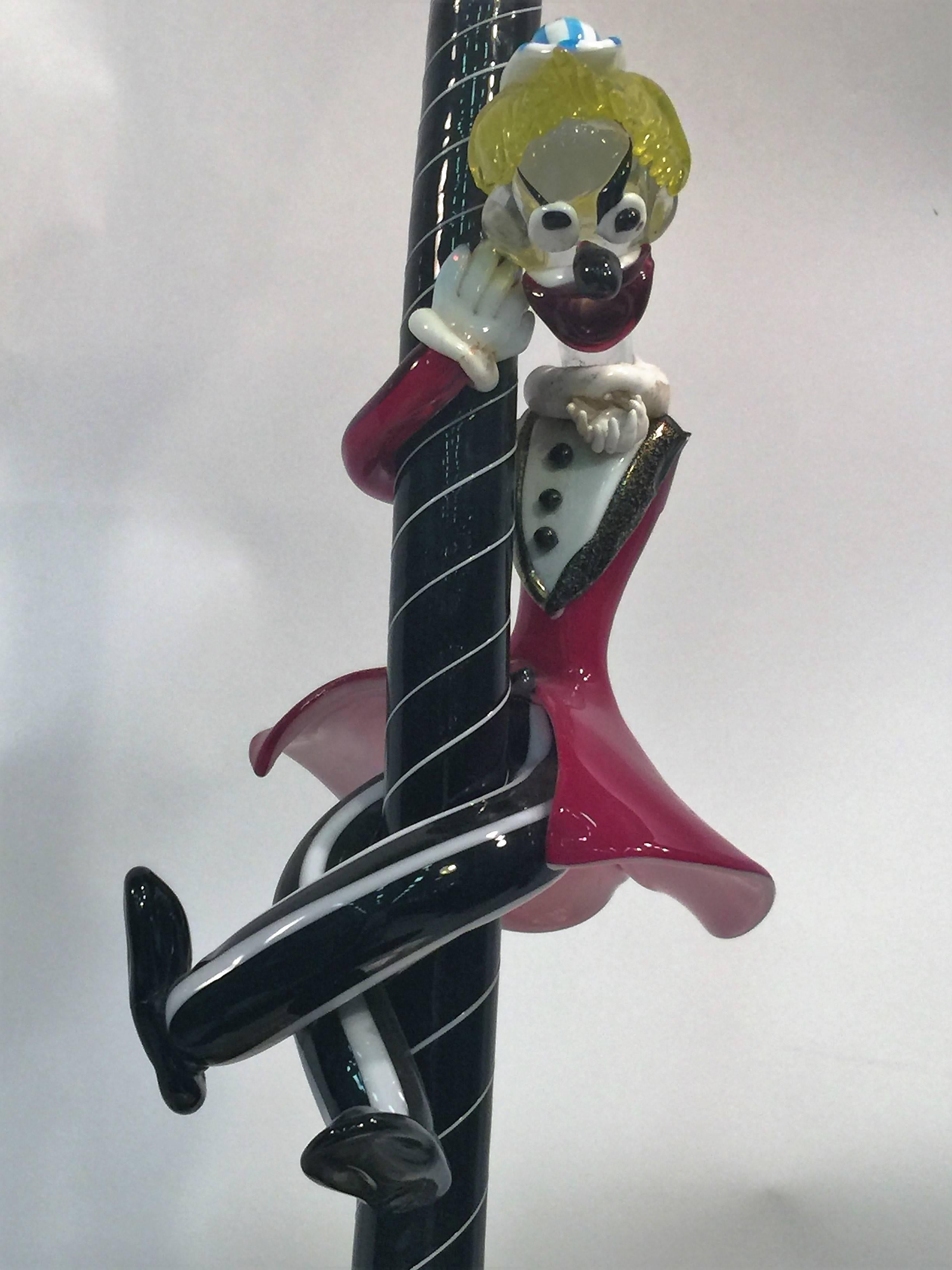 Great and Rare Cenedese Murano Glass Drunk Clown and Angel Dog on Lamp Post Lamp In Good Condition For Sale In Mount Penn, PA