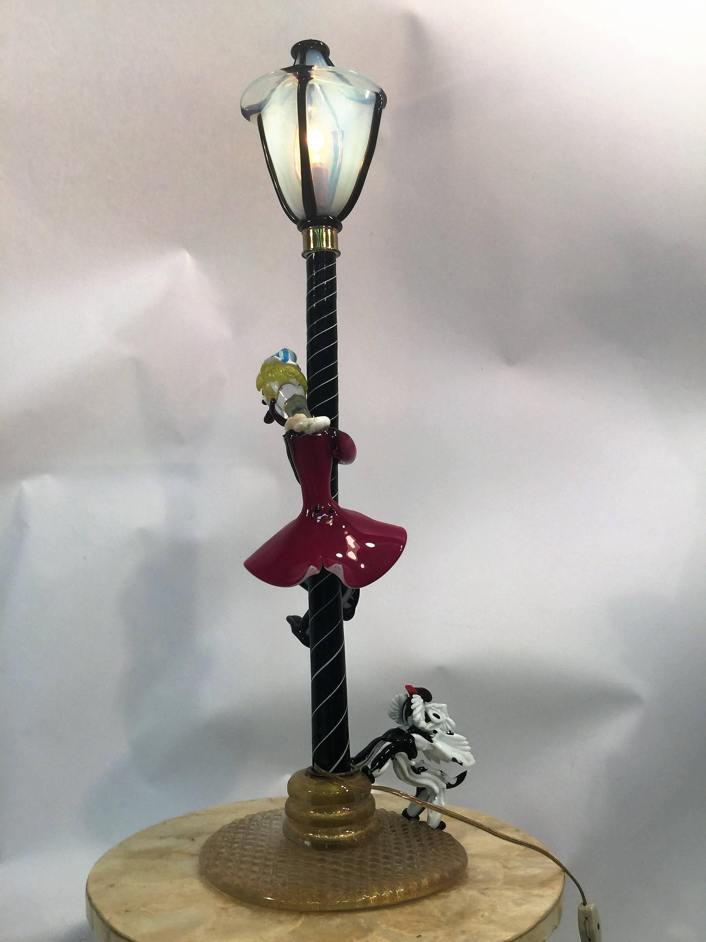 Great and Rare Cenedese Murano Glass Drunk Clown and Angel Dog on Lamp Post Lamp For Sale 1