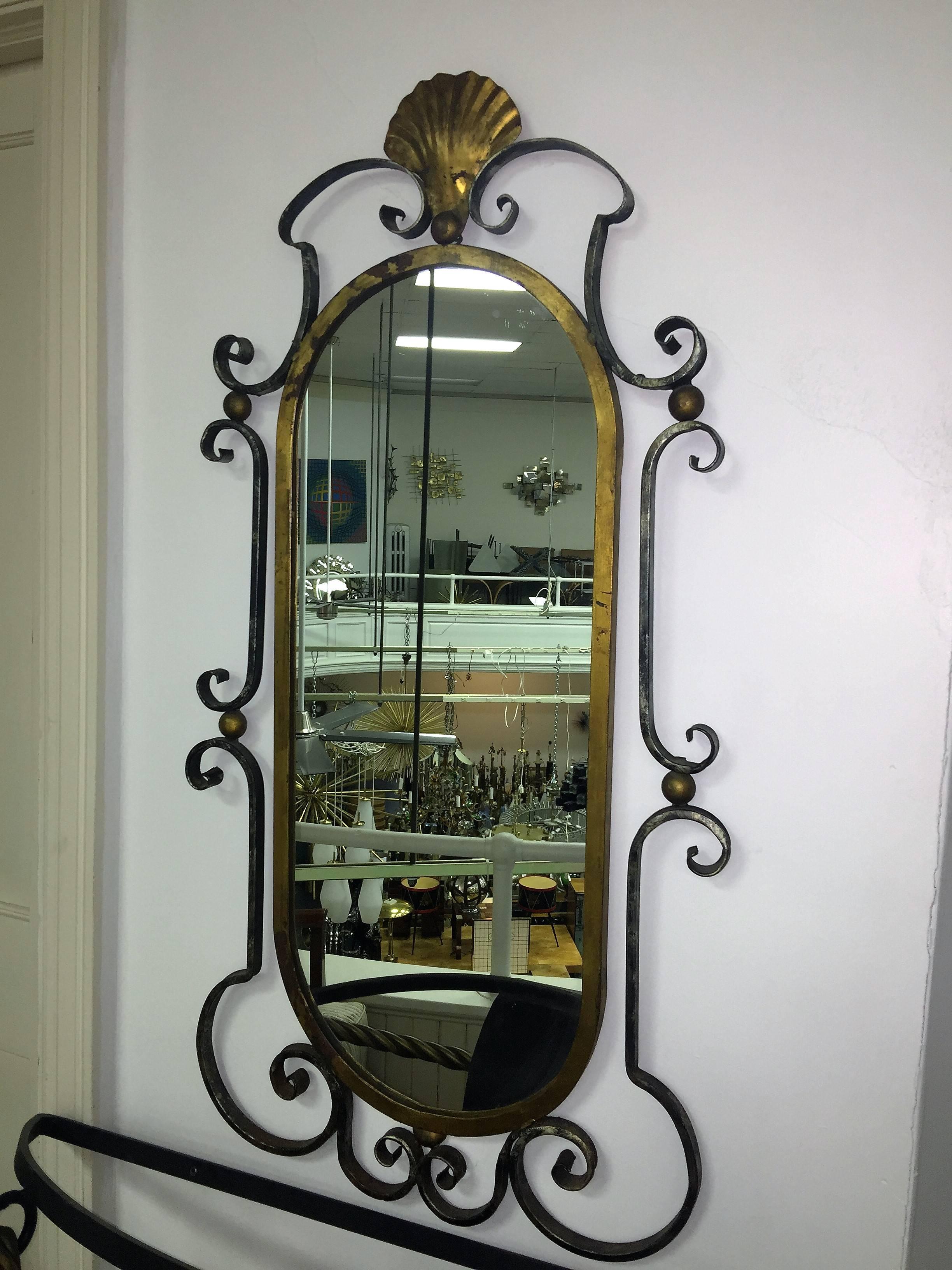 In the Manner of Gilbert Poillerat Black and Gold Iron Mirror and Wall Console For Sale 2