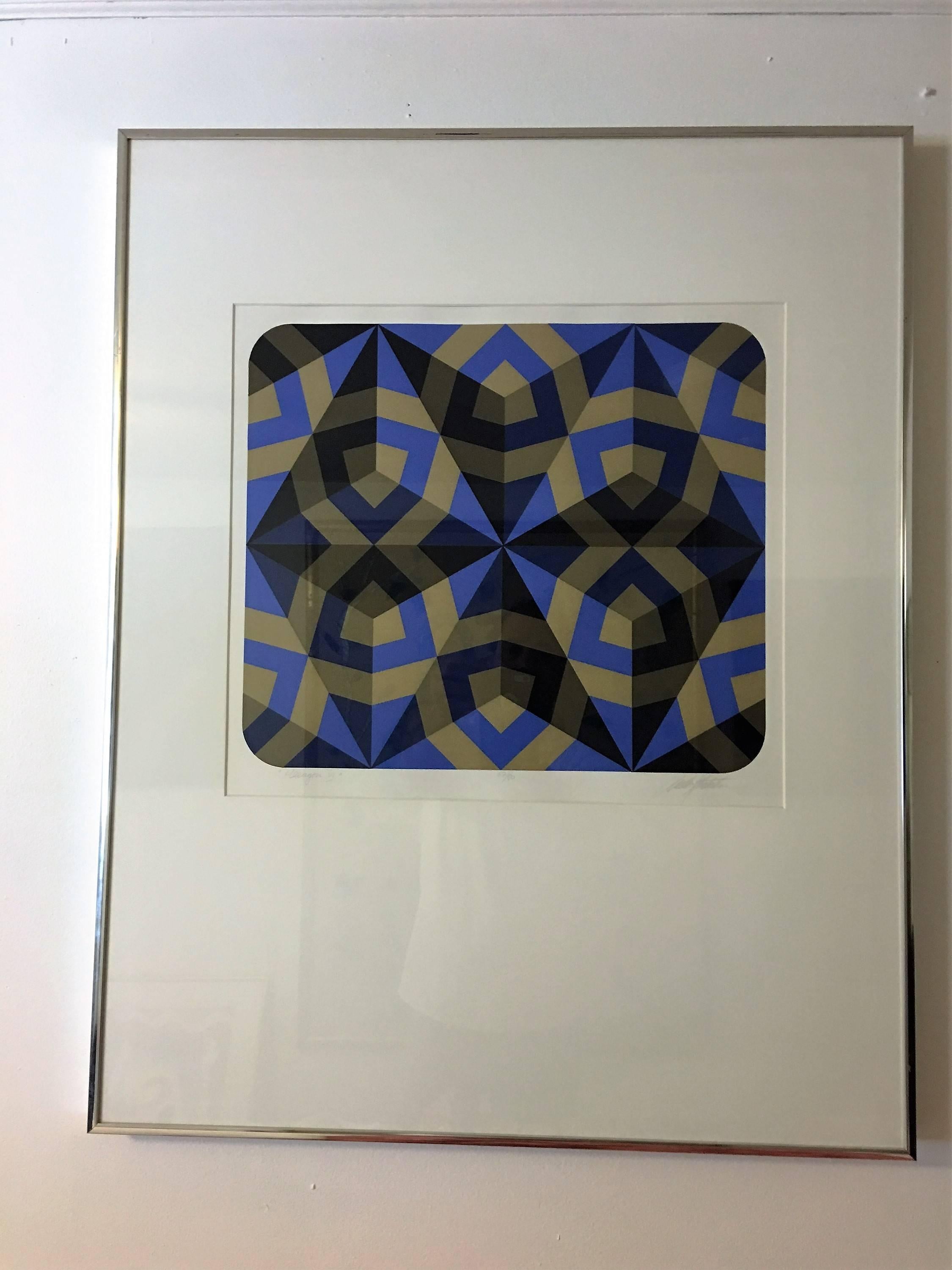 Beautiful matched pair of silkscreens signed and titled, though I cannot make out the artists name. Great graphic designs of hexagons in vibrant blue and red. Framed with sleek white matting and modern chrome frames.