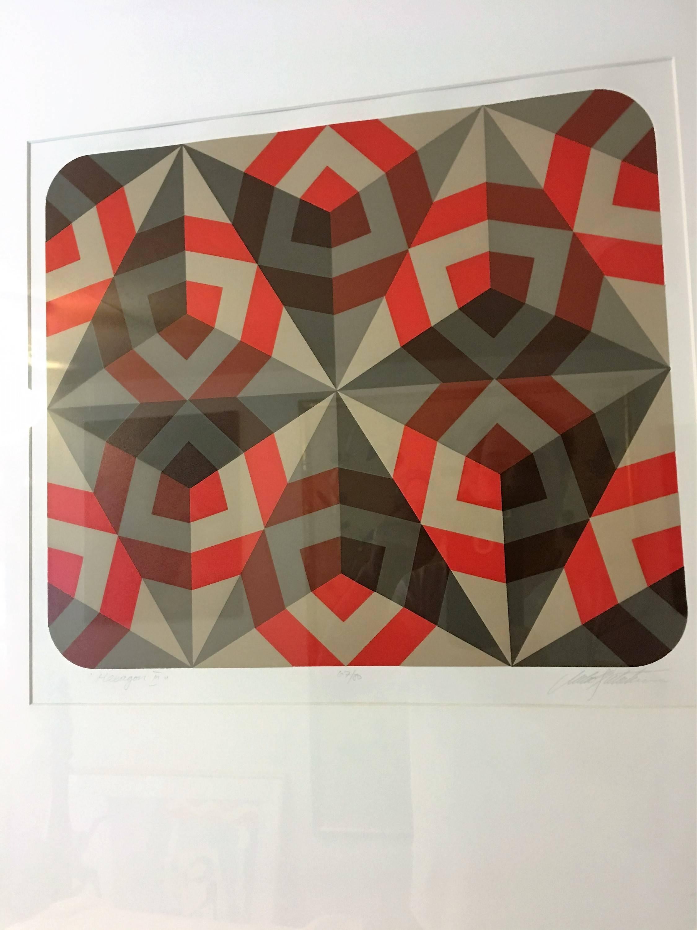 Modern Exciting Pair of Signed Colorful Hexagonal Silkscreens in Manner of Vasarely For Sale