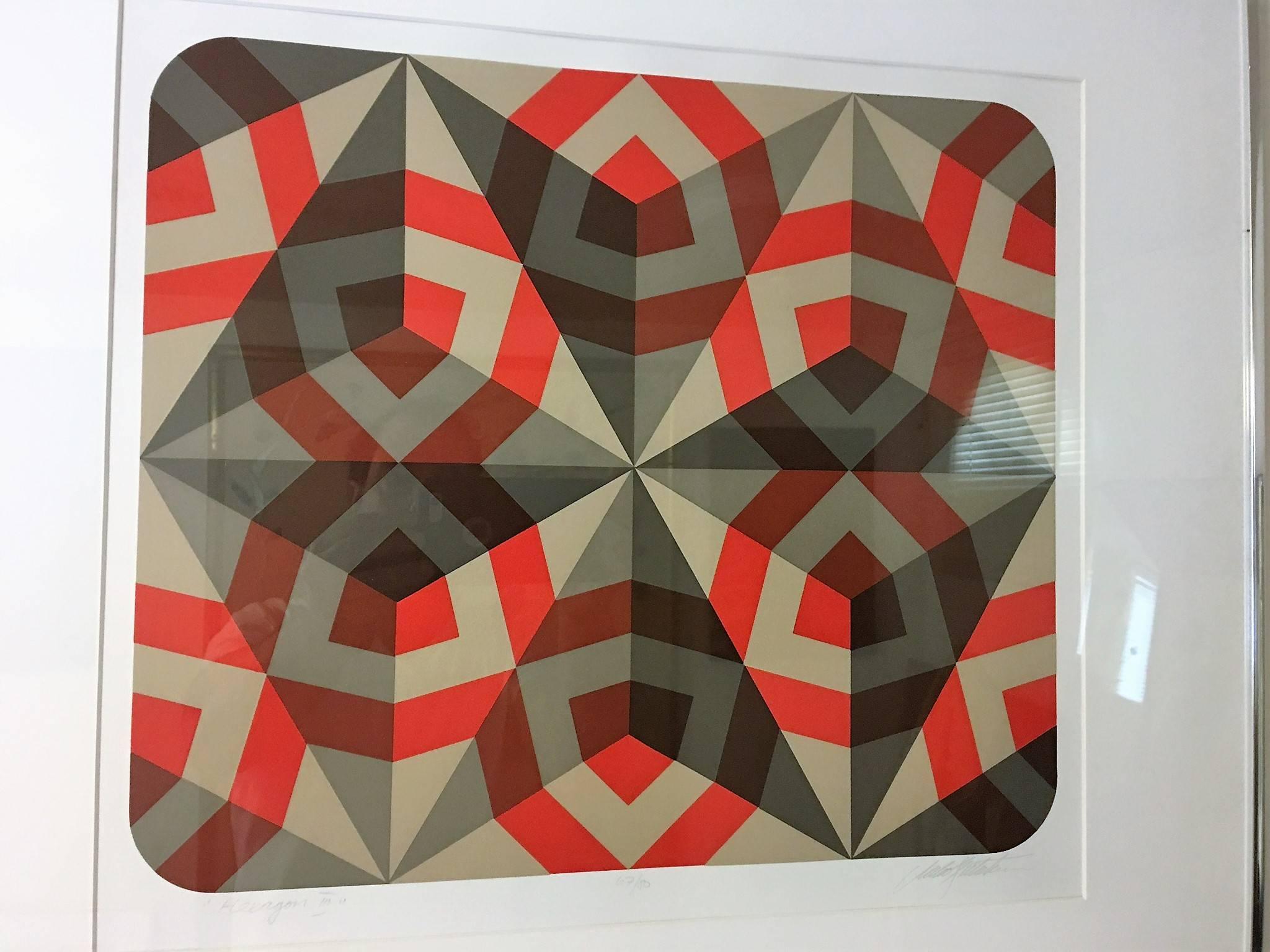 Exciting Pair of Signed Colorful Hexagonal Silkscreens in Manner of Vasarely In Excellent Condition For Sale In Mount Penn, PA