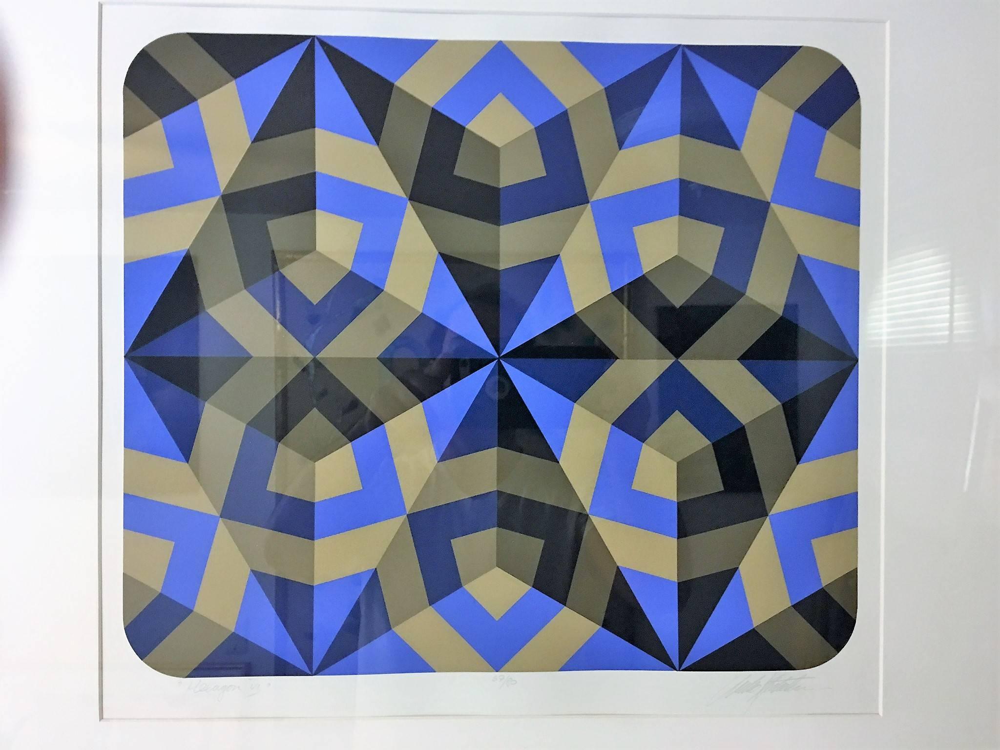 Late 20th Century Exciting Pair of Signed Colorful Hexagonal Silkscreens in Manner of Vasarely For Sale