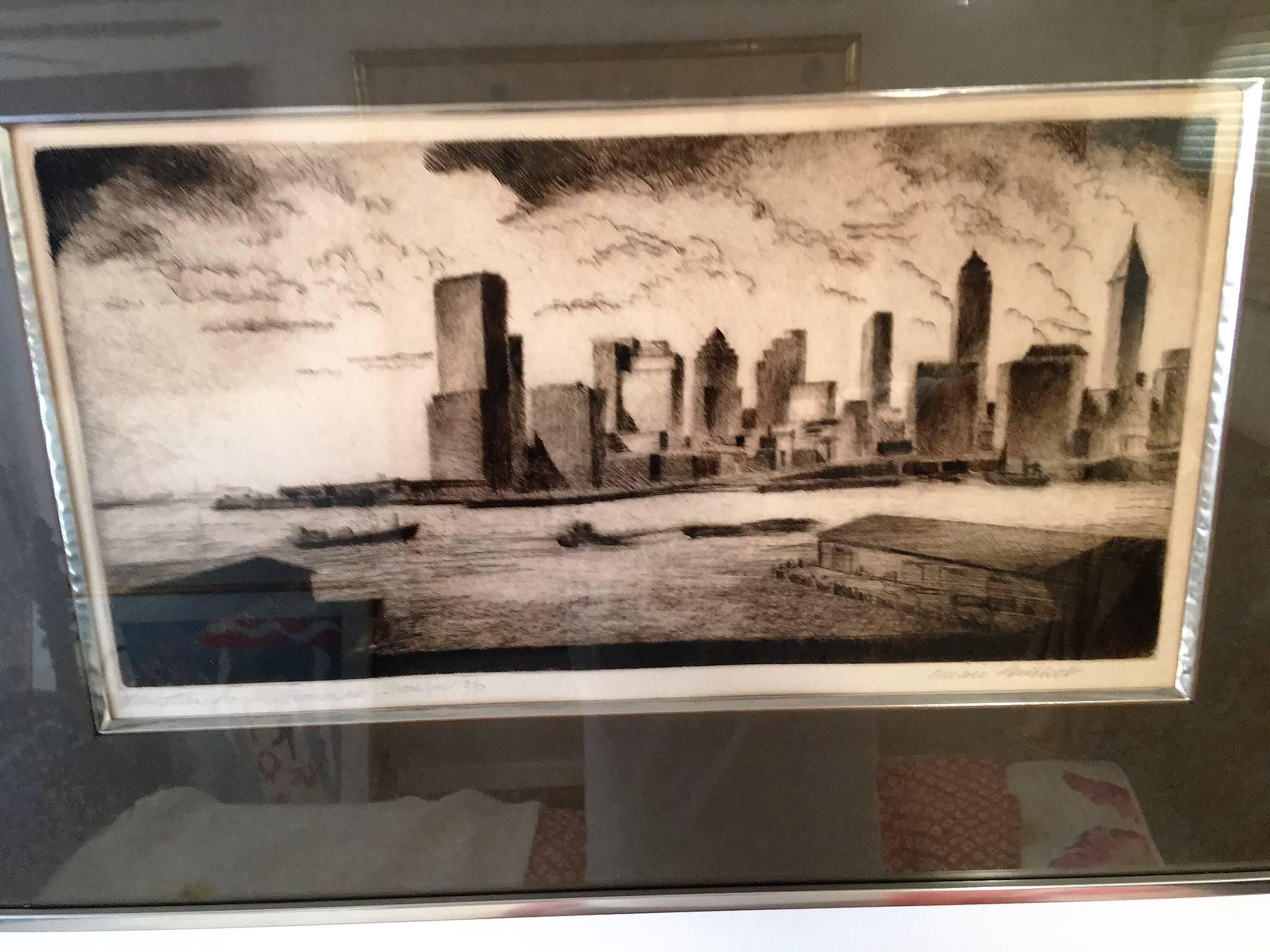 Interesting numbered etching 3/50 titled Manhattan from The Promenade, Brooklyn. Pencil signed and titled though artist's signature is hard to determine.