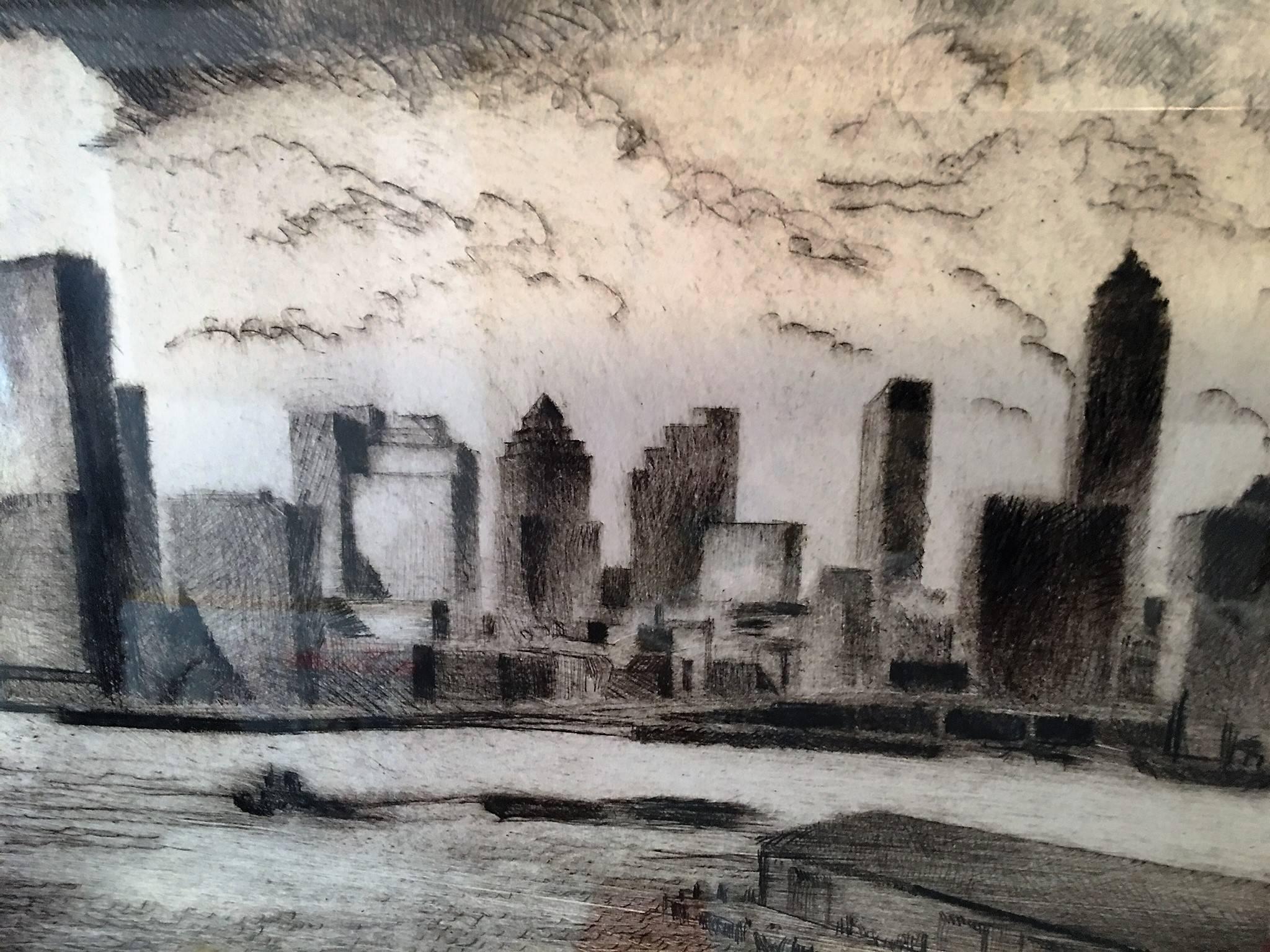 Late 20th Century Moody Signed 1970s Manhattan Skyline Etching For Sale