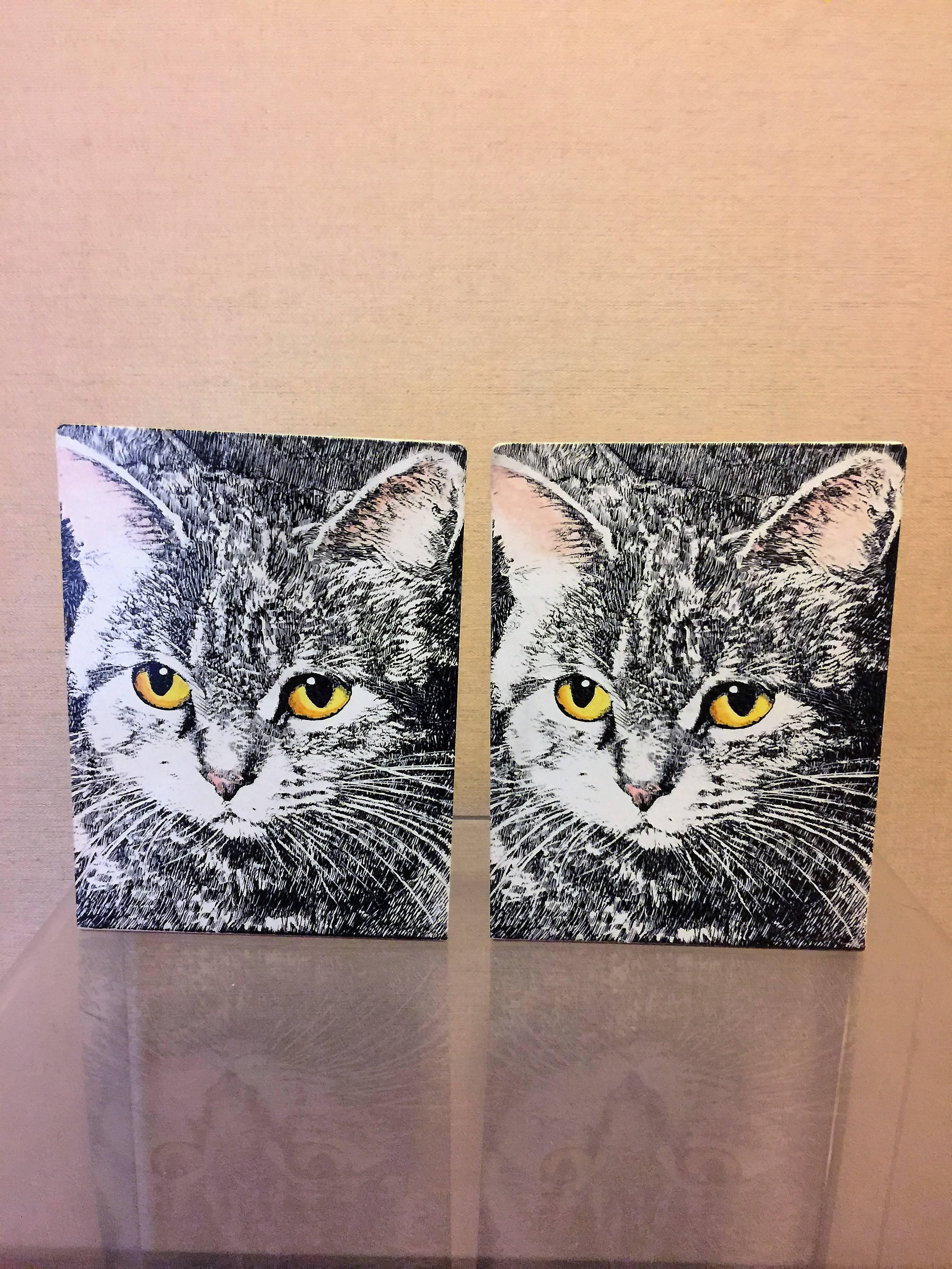Beautiful black and white yellow eyed cat faces bookends, enameled images on metal. Fornasetti label under base.