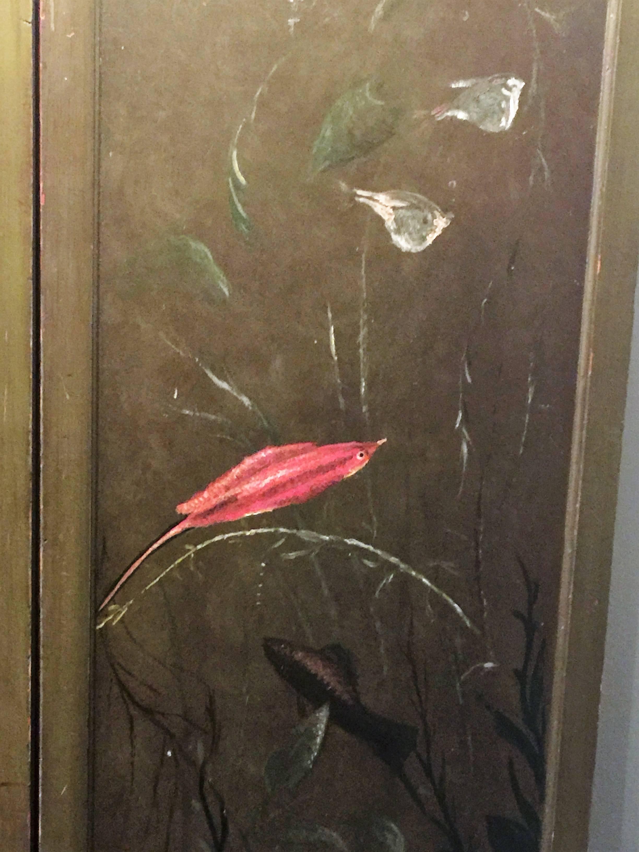 Chinoiserie Wonderful 1940s Decorative Double Sided Painted Scenic Wooden Room Screen For Sale