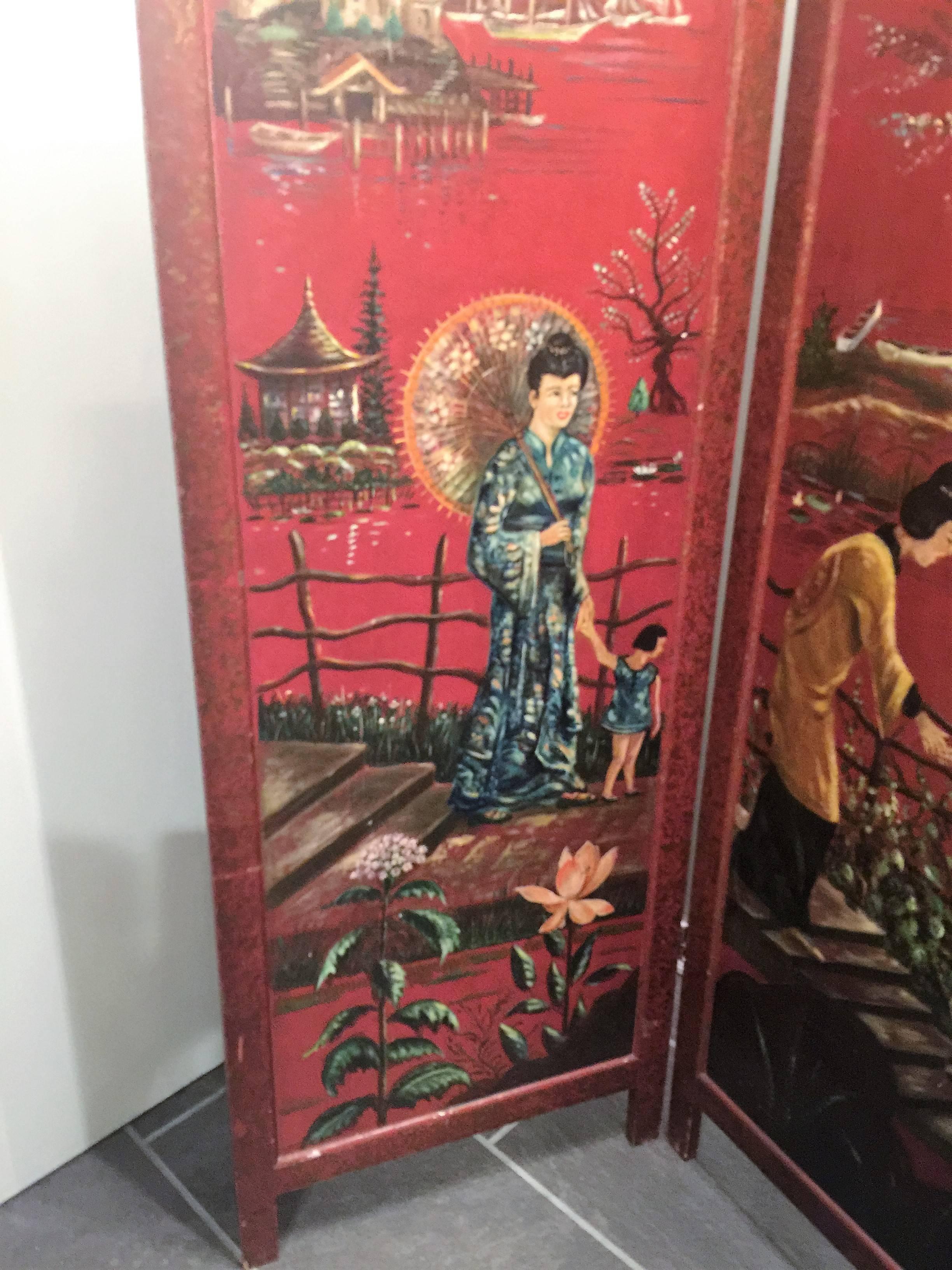 Mid-20th Century Wonderful 1940s Decorative Double Sided Painted Scenic Wooden Room Screen For Sale