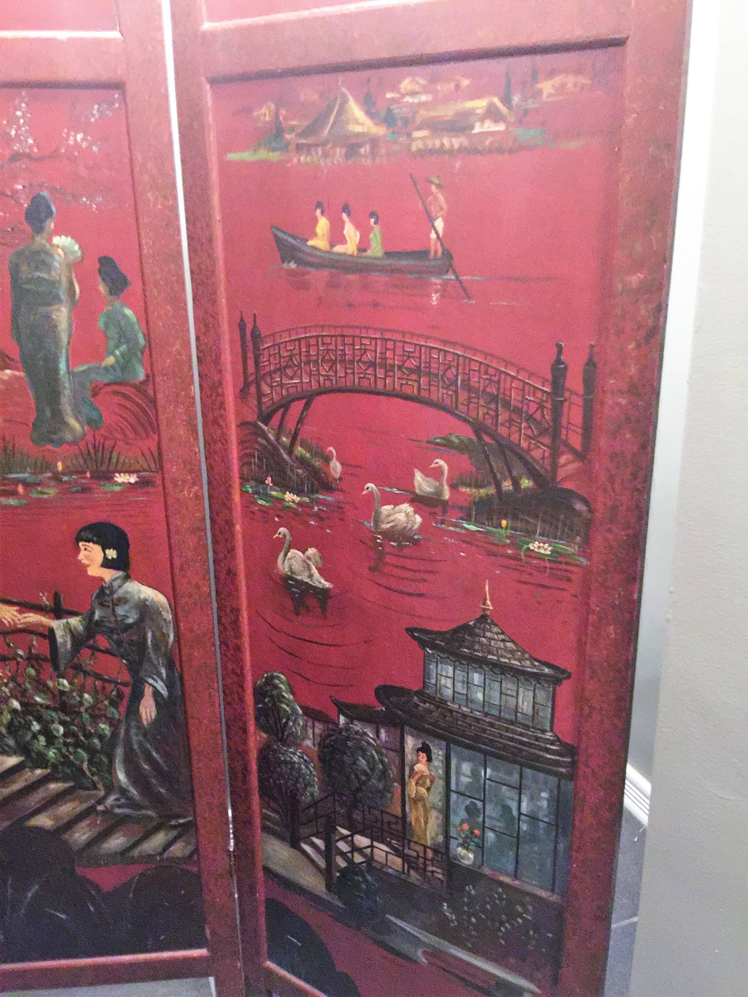 Wonderful 1940s Decorative Double Sided Painted Scenic Wooden Room Screen For Sale 1