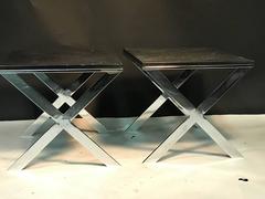 Extraordinary Pair of Chromed Metal X-Base Italian Tables with Slate Top