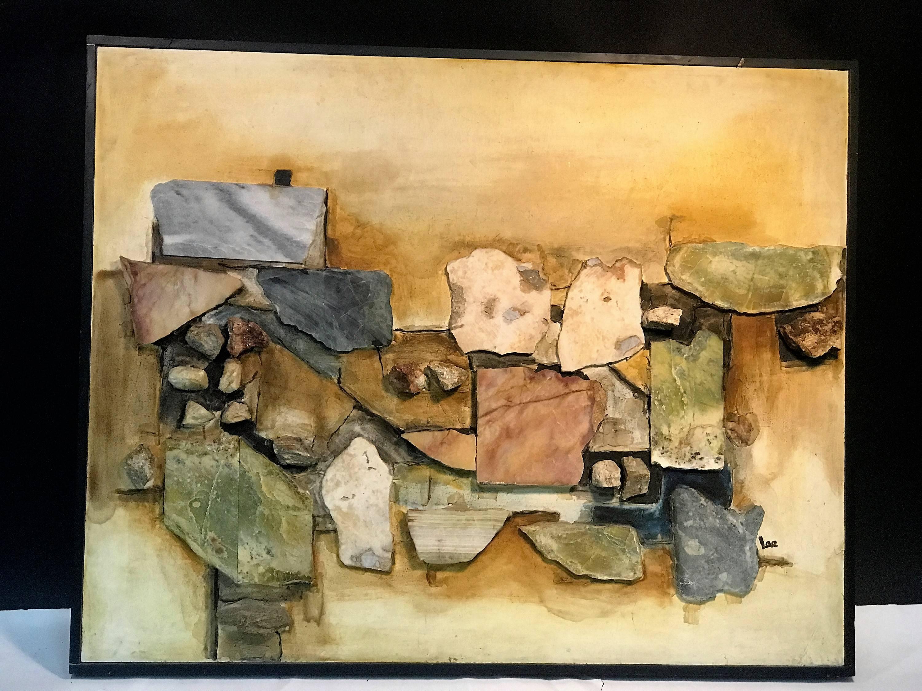Beautiful, thoughtful and muted colored marble, onyx, slate and other natural stones mounted in a great abstract mural mounted on wood and accented with paint. Framed in a black wood frame and titled 'Afghan Wall' on the back. Signed Lee in the