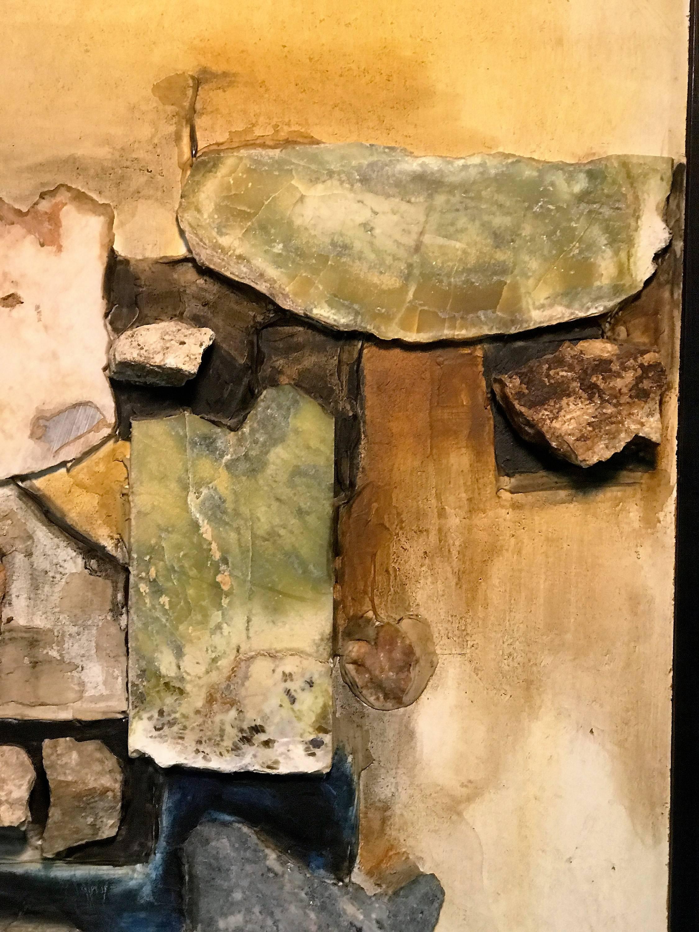 Organic Modern Monumental Assorted Natural Stone and Paint Mural on Wood Signed Lee For Sale