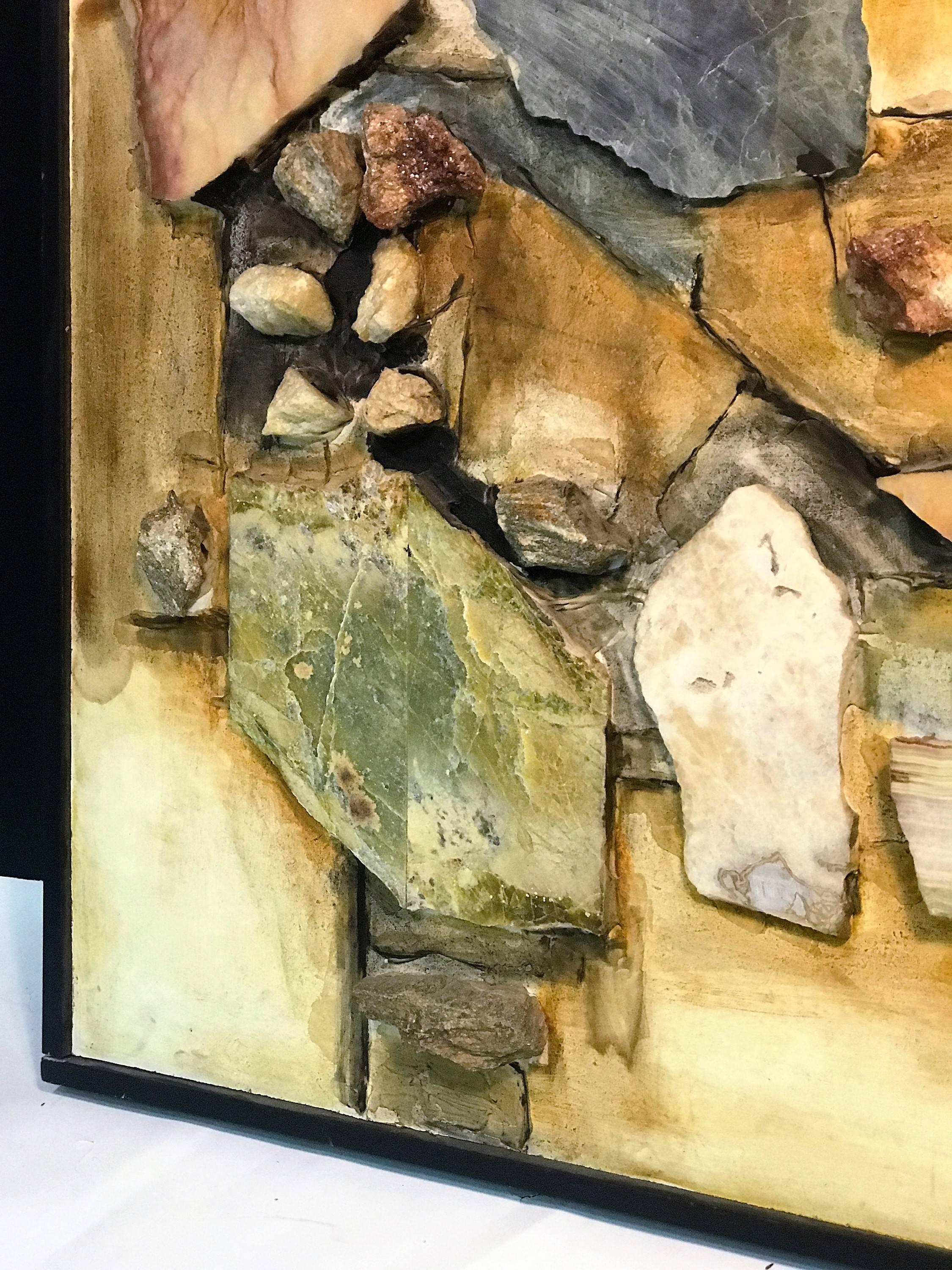 Late 20th Century Monumental Assorted Natural Stone and Paint Mural on Wood Signed Lee For Sale