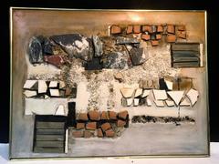 Monumental Stone, Wood, Terracotta Painted Mural on Wood Signed Lee