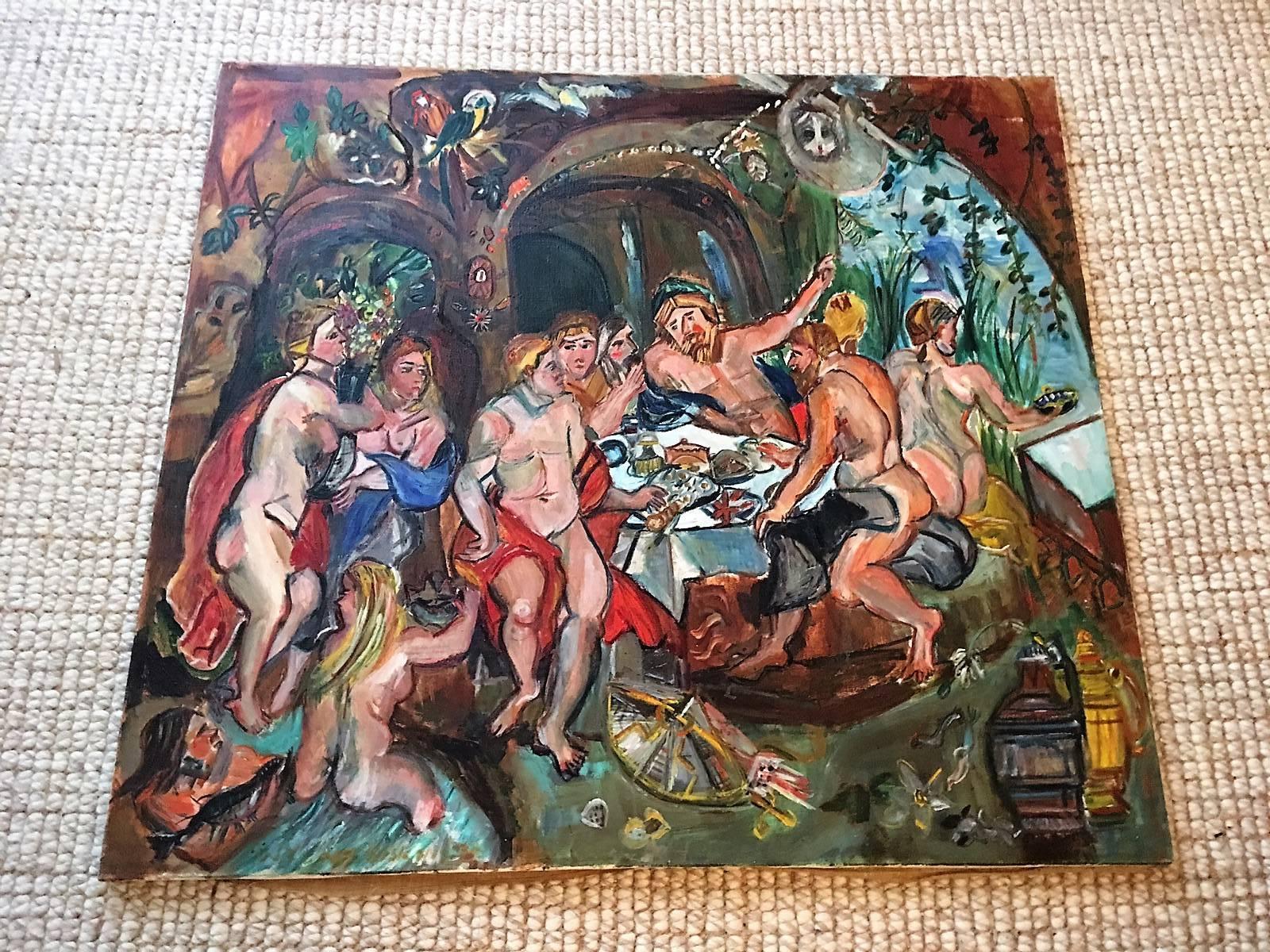 1970s interesting oil painting depicting unclothed warriors with shields near them enjoying a bountiful victory feast with nude maidens in attendance. In the intricate background are parrots, monkeys, trees, a Chameleon and Colorful Foilage. Shields
