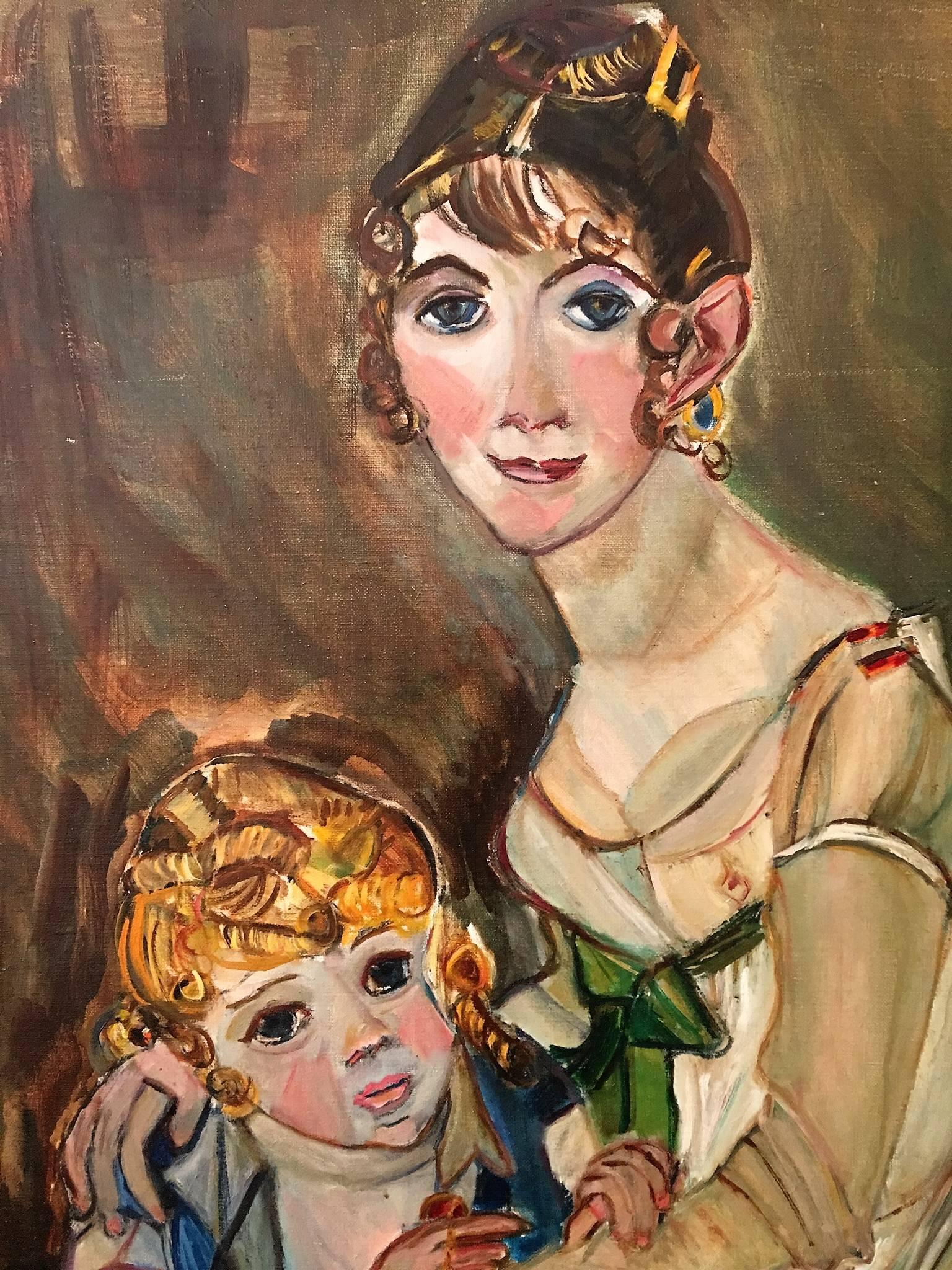 Interesting oil painting on canvas of a fancy dressed woman with a fancy hair style holding a fair haired child in her lap on a chair. Signed on Back Winona Diskin.