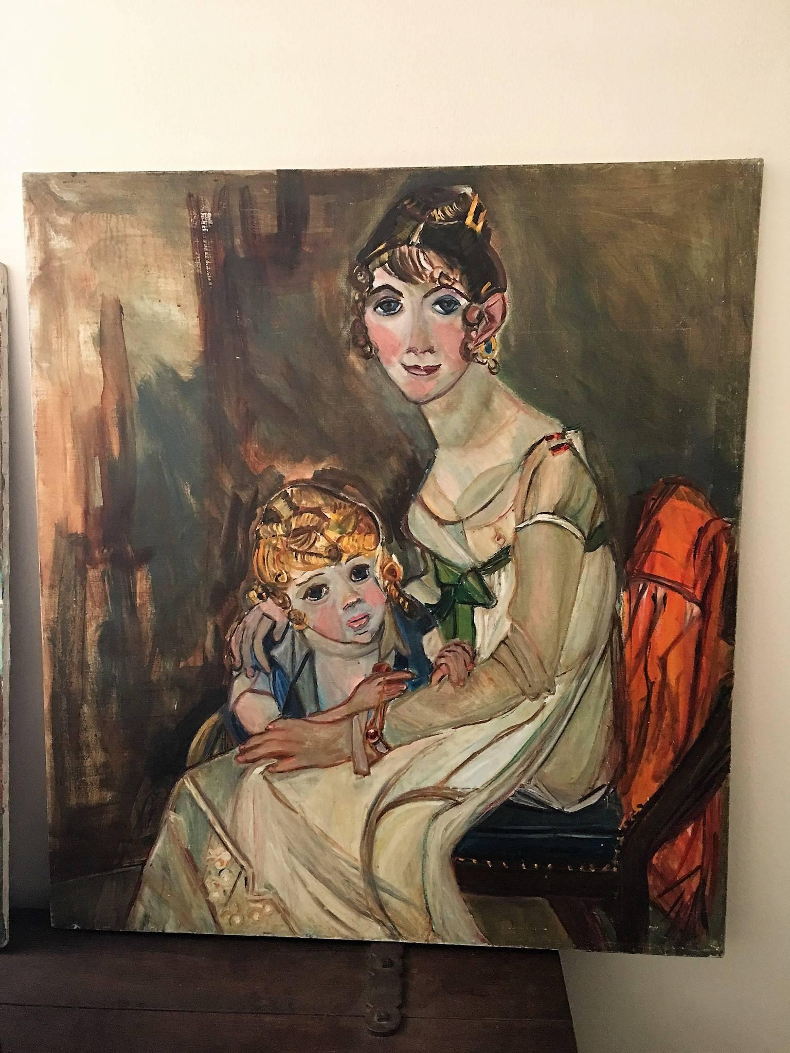 American Large Signed Modern Painting of Baroque Woman and Child For Sale