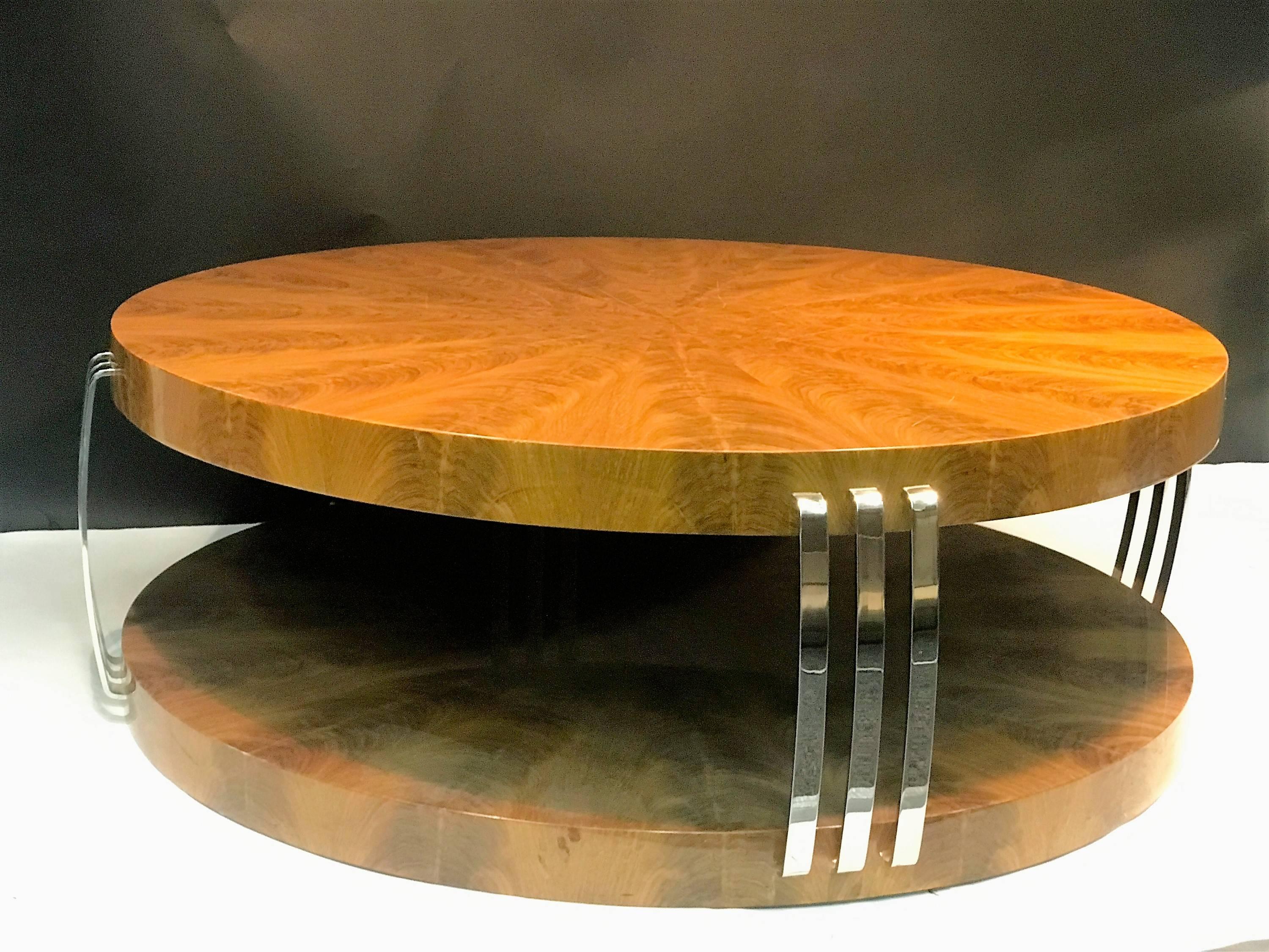 Massive round burled wood double tier coffee table and four triple chrome band supports. Beautiful burled wood pattern, very substantial and high end. A great coffee table for a modern living room. The round wood top is 3