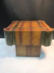 Stunning Karl Springer Style Cognac Faux Alligator and Brass Table