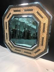 Modernist Octagonal Chrome Framed Sunflower Seed and Wild Rice Chain Link Mirror