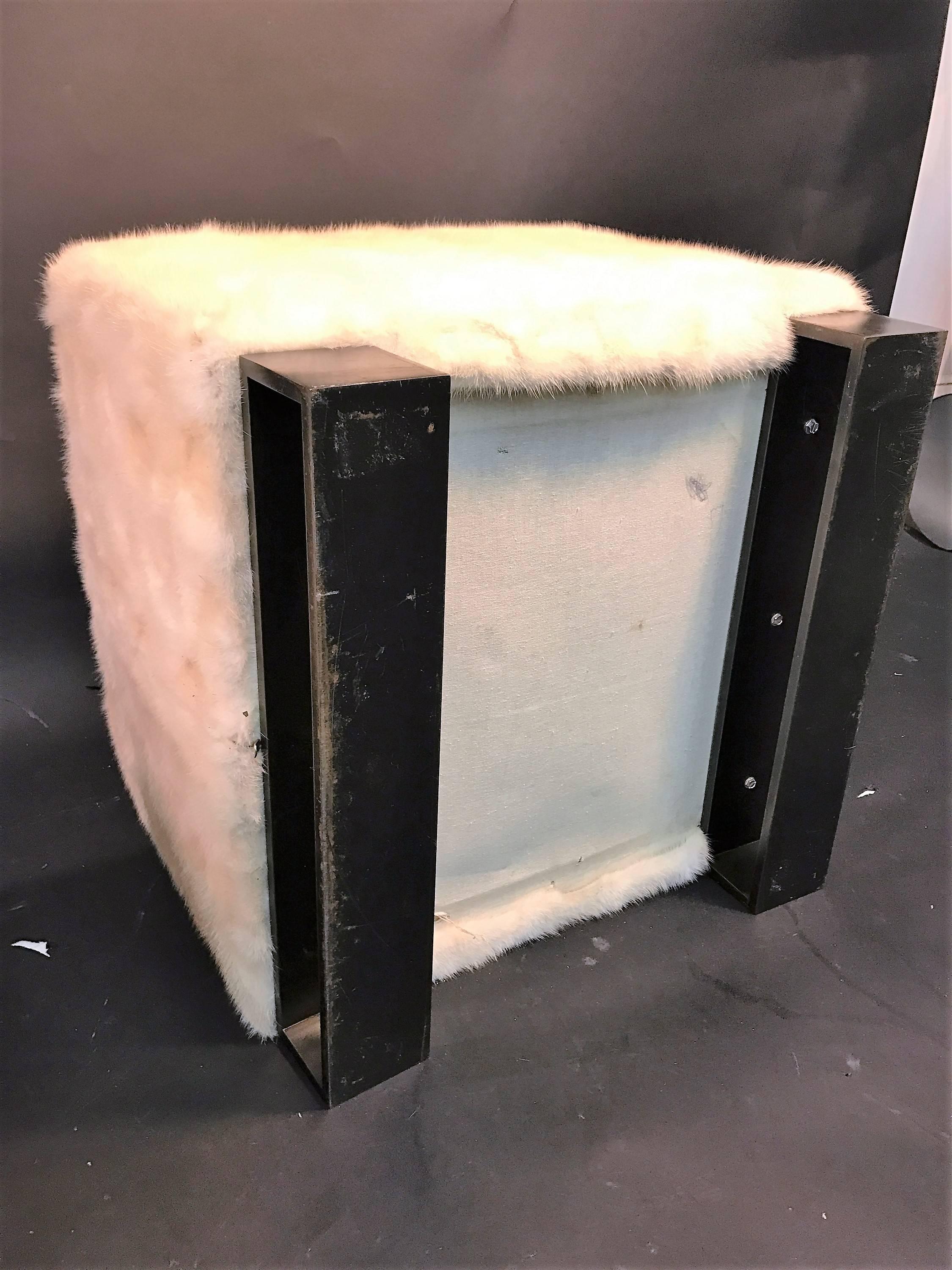 American Pair of High End Bronzed Steel White Mink Ottomans in the Style of Karl Springer For Sale