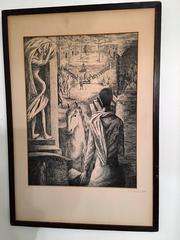 Atmospheric Horse and Village Square Etching by A.R. Luna